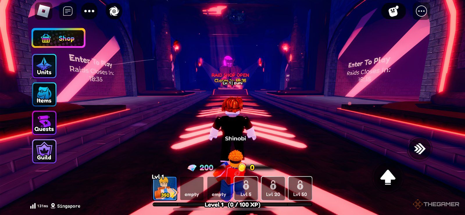 Un personaje caminando en la sección Incursiones de Roblox: Anime Defenders