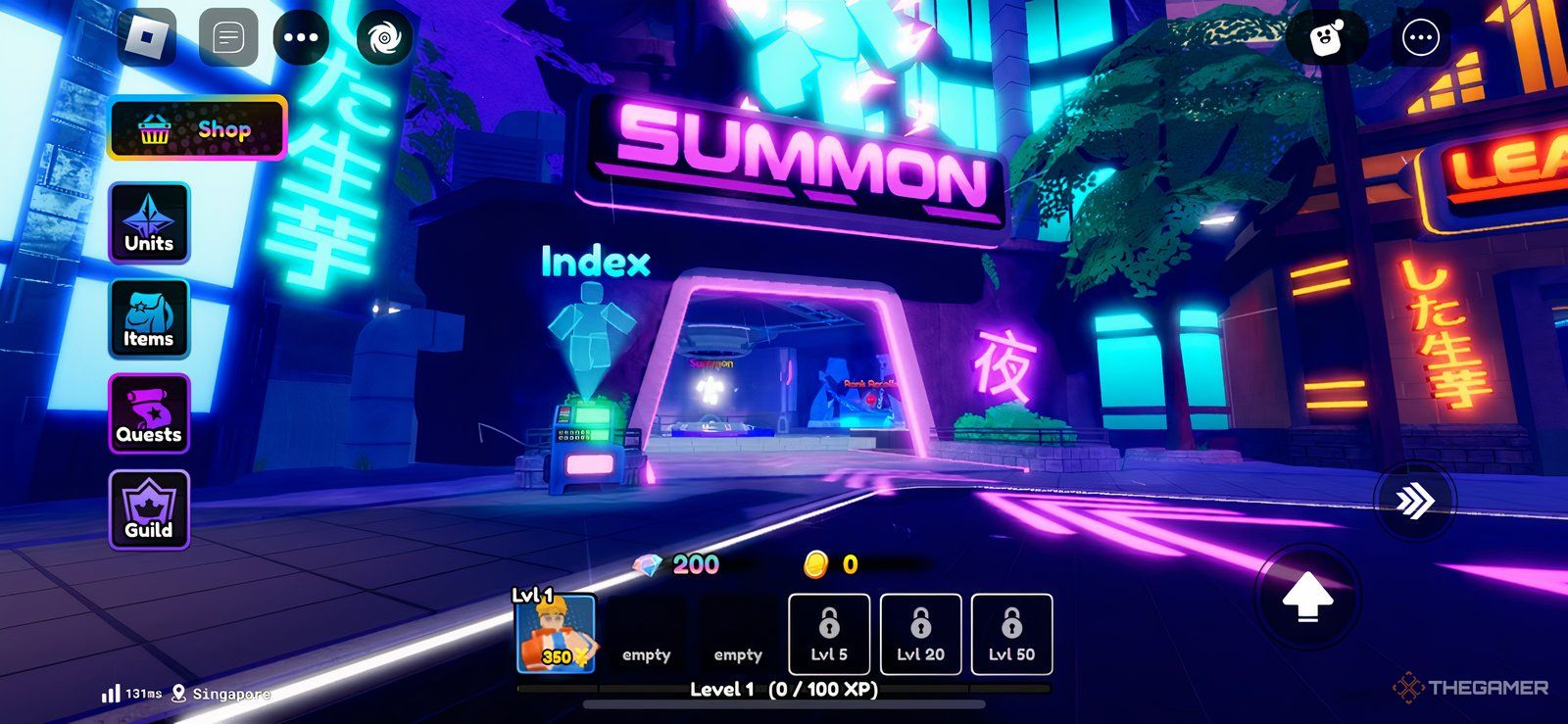 Un personaje parado cerca del edificio Summon en Roblox: Anime Defenders