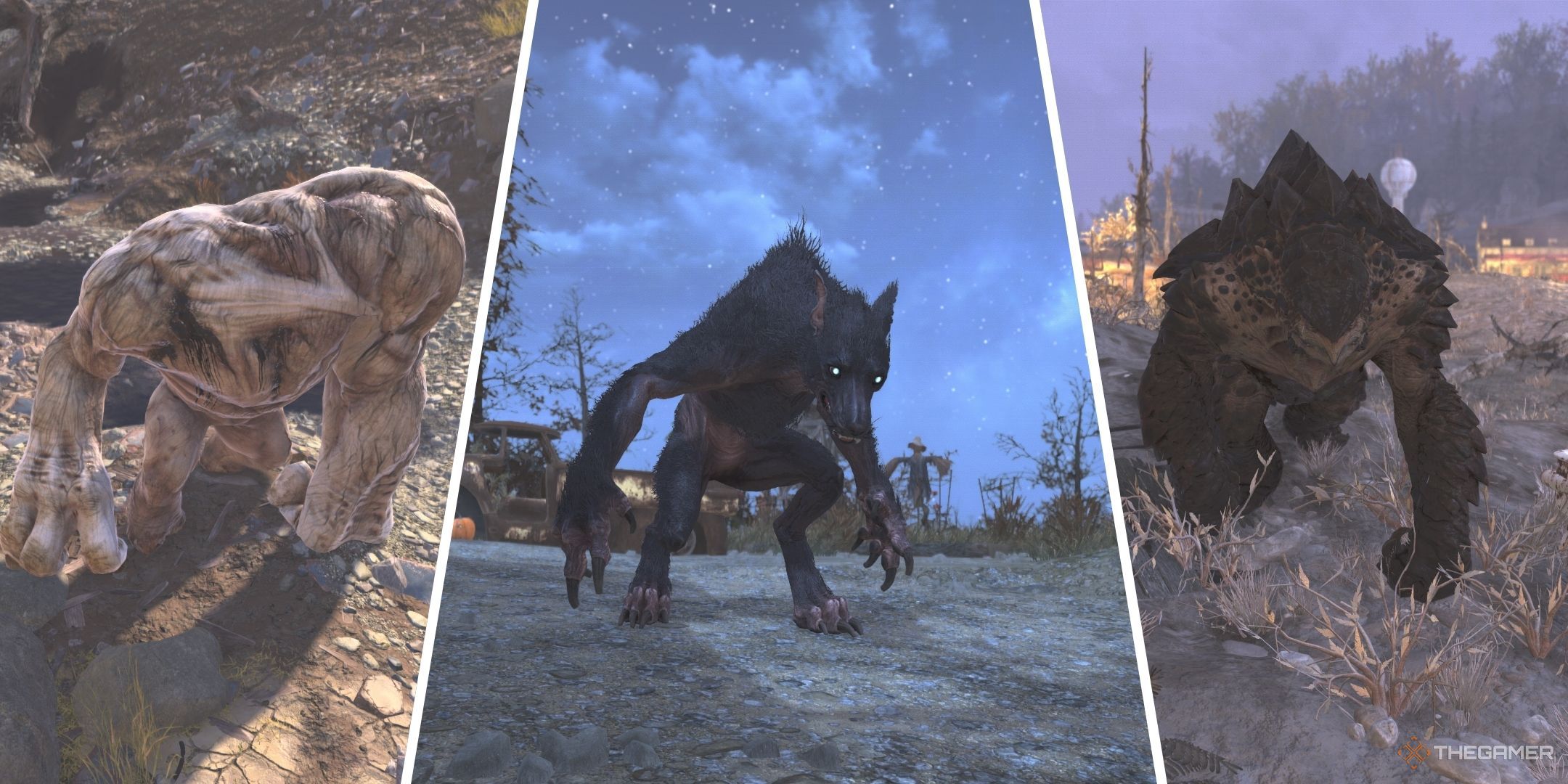 Una imagen dividida del Monstruo de Grafton, el Diablo Azul y Ogua en Fallout 76.