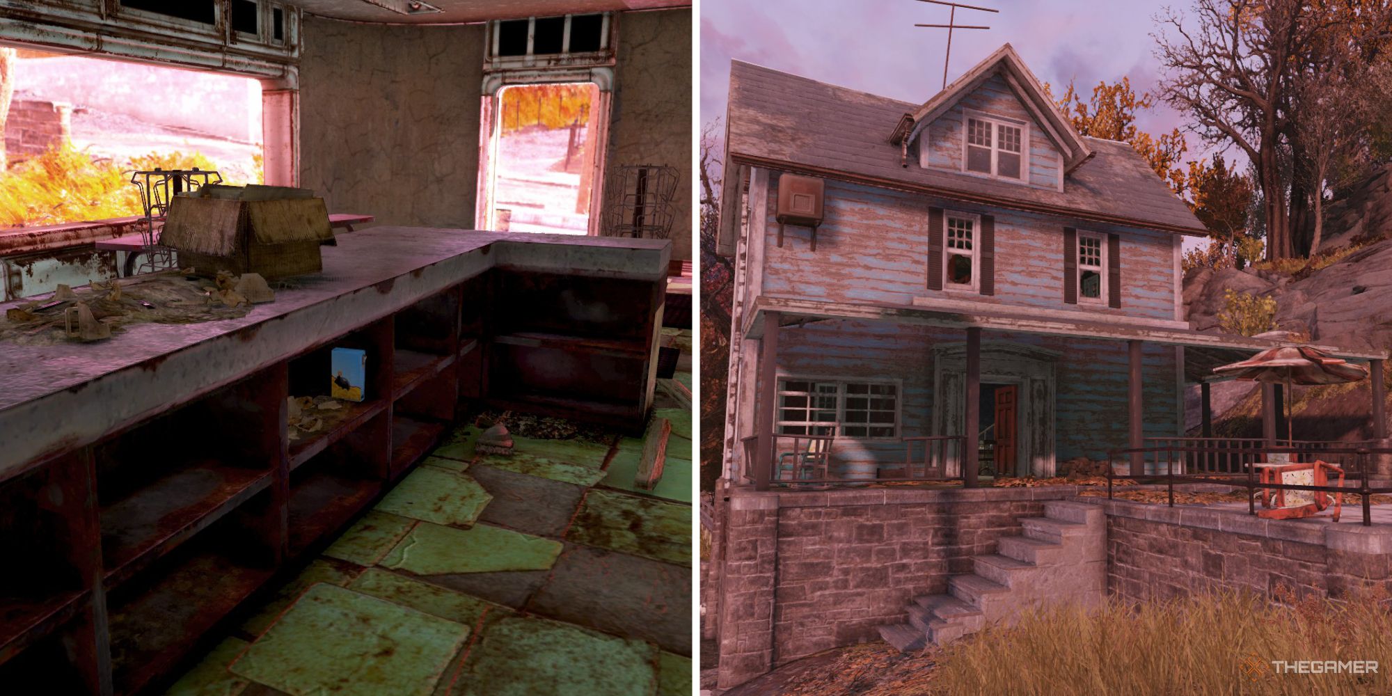 Una caja de macarrones con queso debajo del mostrador en una parada de camiones Red Rocket y una vista de una casa en Fallout 76