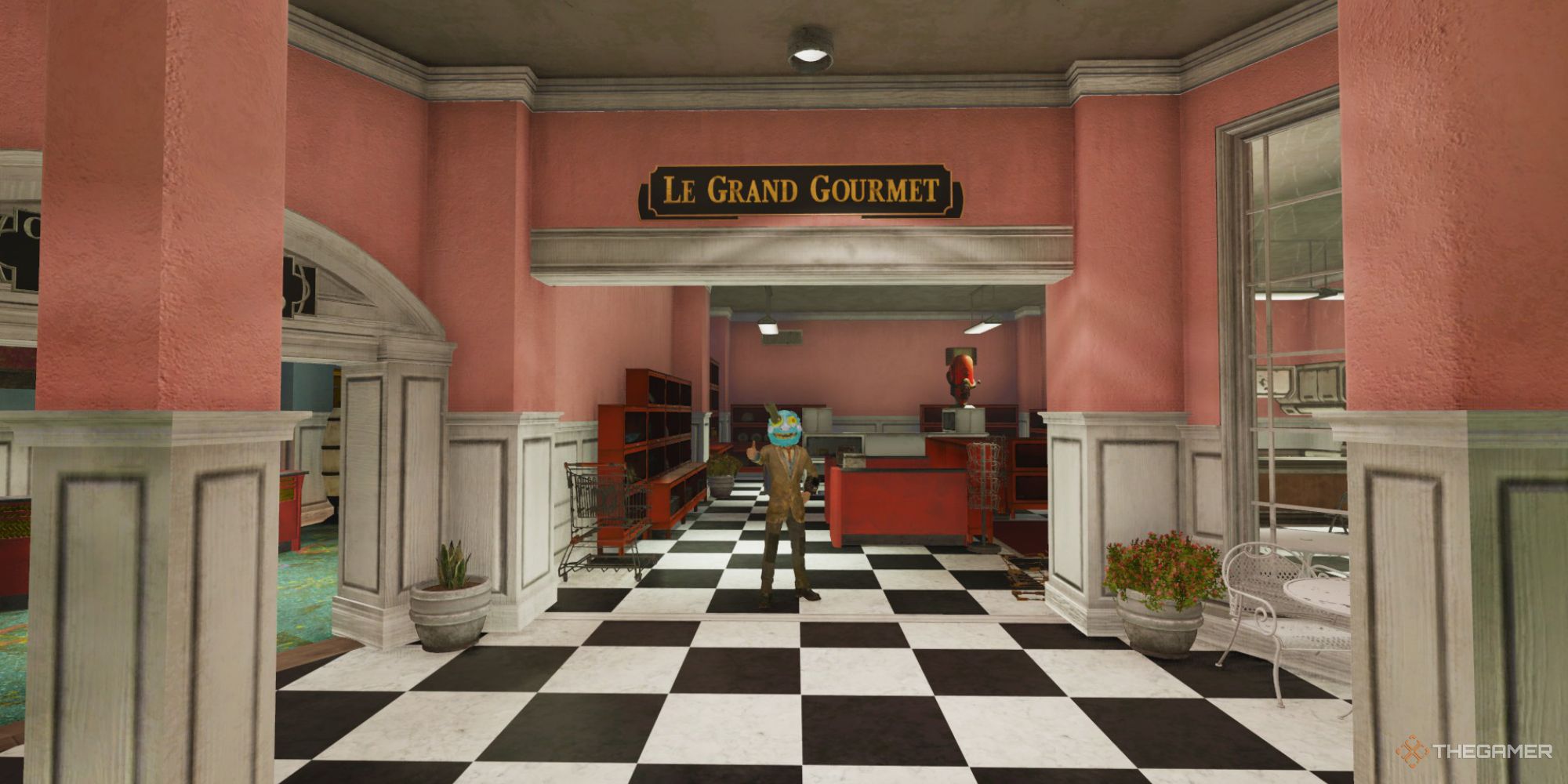 Un jugador parado afuera de Le Grand Gourmet en Fallout 76