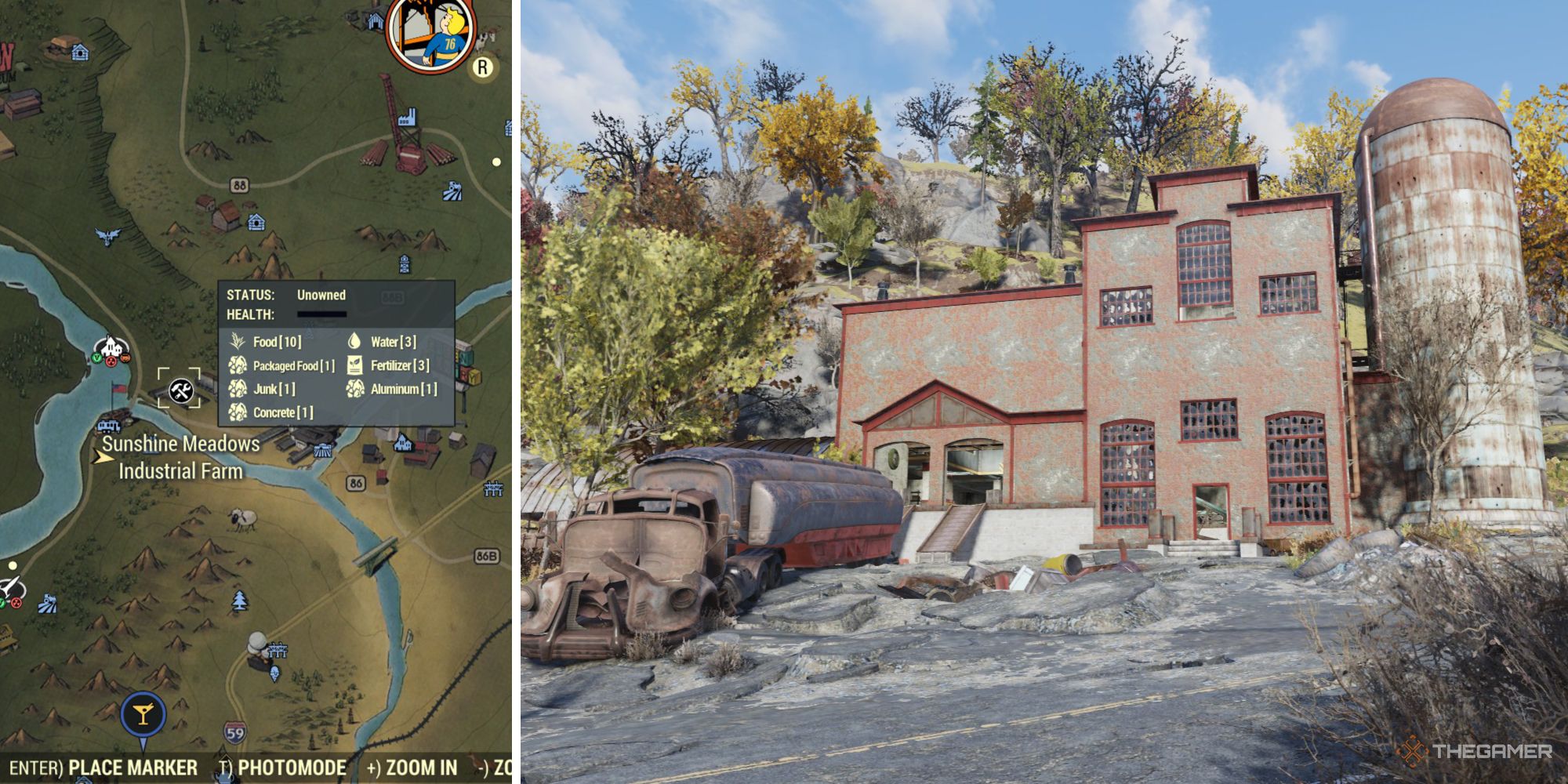 Mapa y vista de la granja industrial Sunshine Meadows en Fallout 76