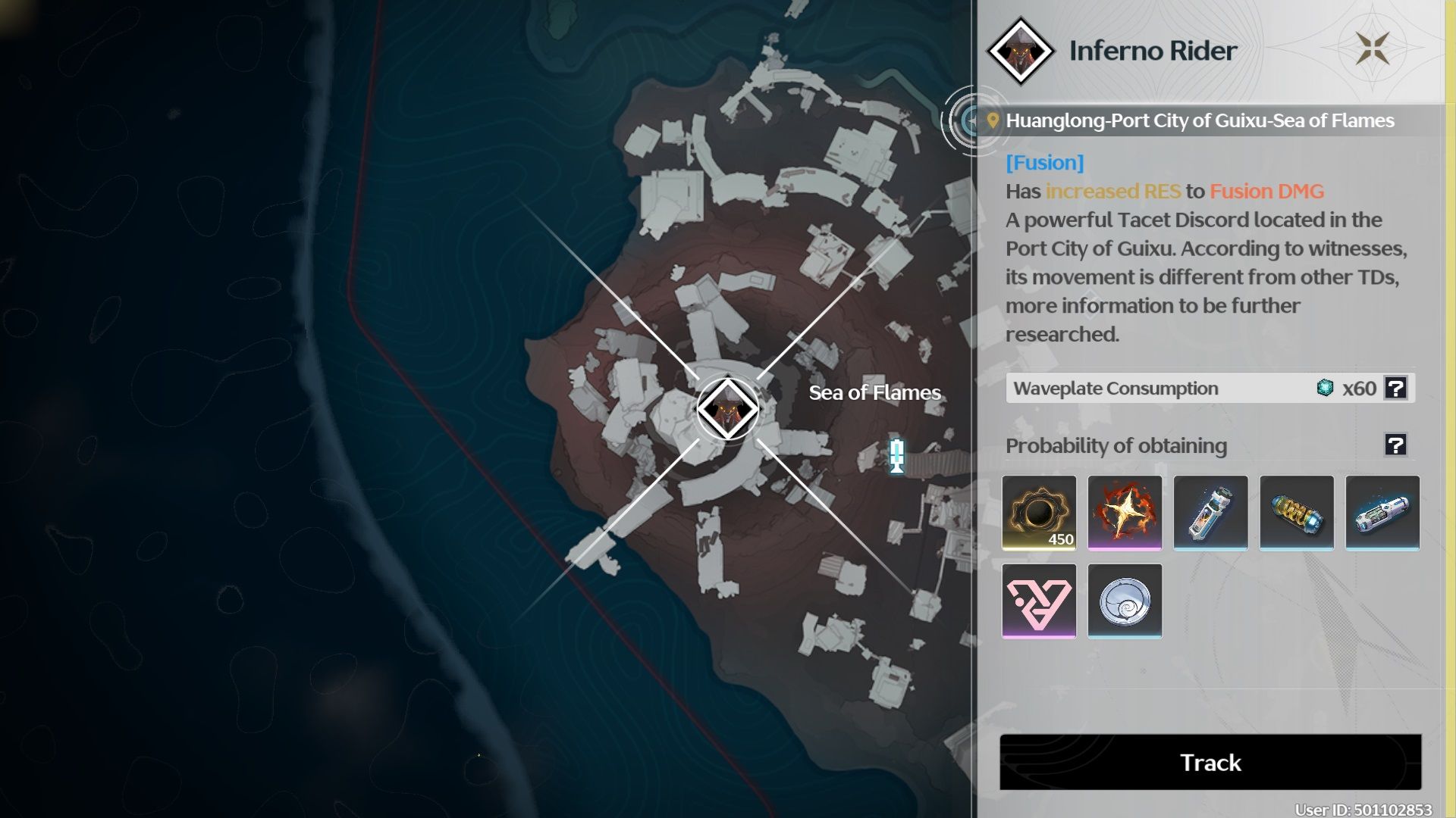 Sección del mapa de Huanglong que se centra en el área del Mar de Llamas con el ícono del jefe Inferno Rider seleccionado en Wuthering Waves.