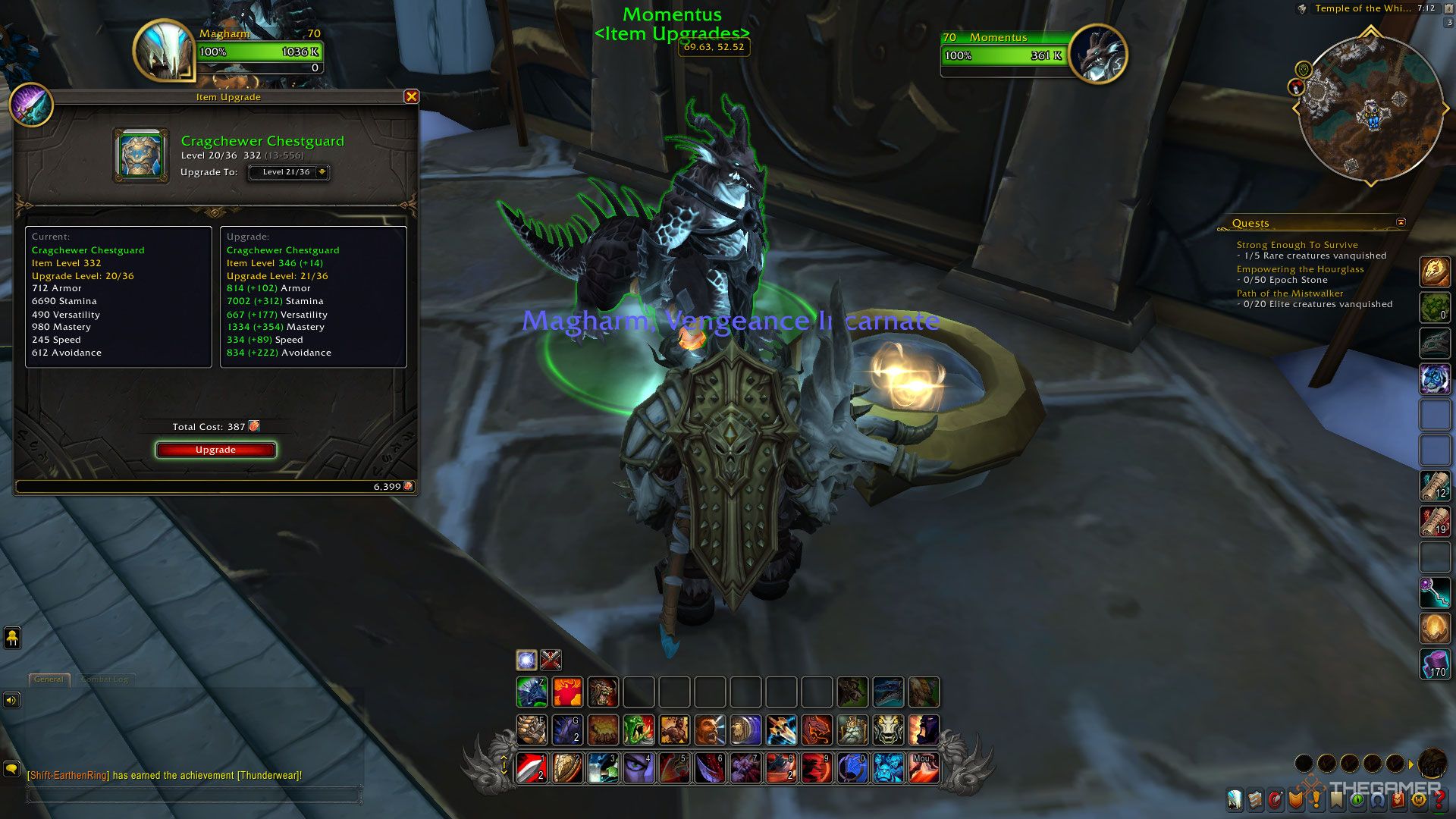 Mejora de una pieza de cofre con Momentus en el remix de World of Warcraft: Mists of Pandaria.