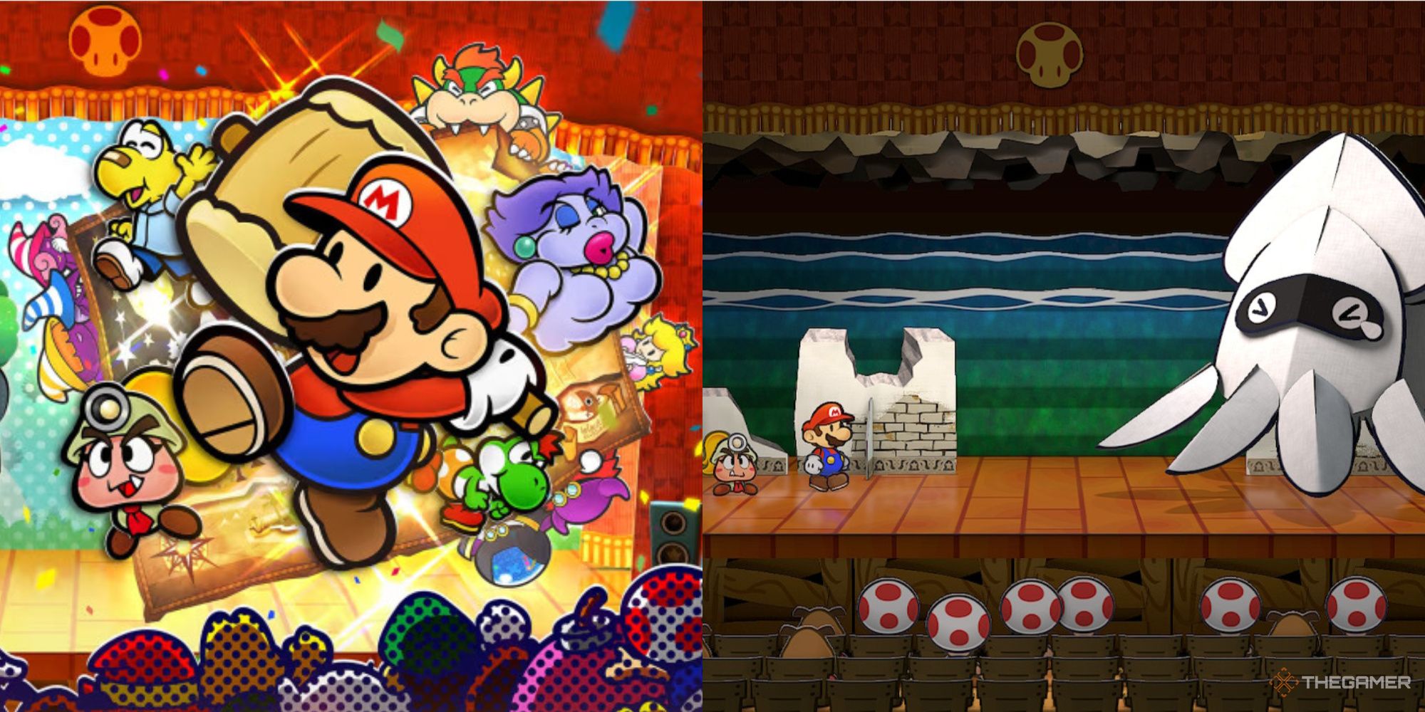 imagen destacada, paper mario la puerta de los mil años, con mario y sus compañeros y mario y goombella luchando contra un error
