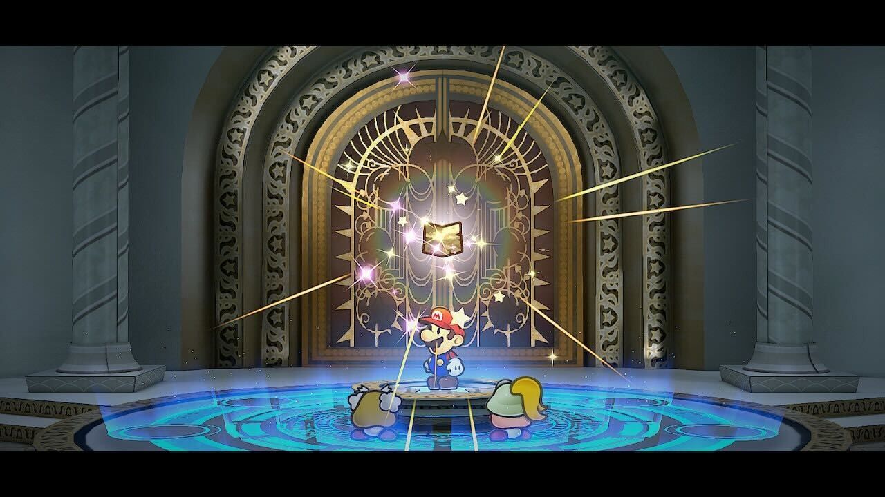 mario, el profesor frankly y goombella llevando el mapa a la puerta de los mil años en paper mario ttyd