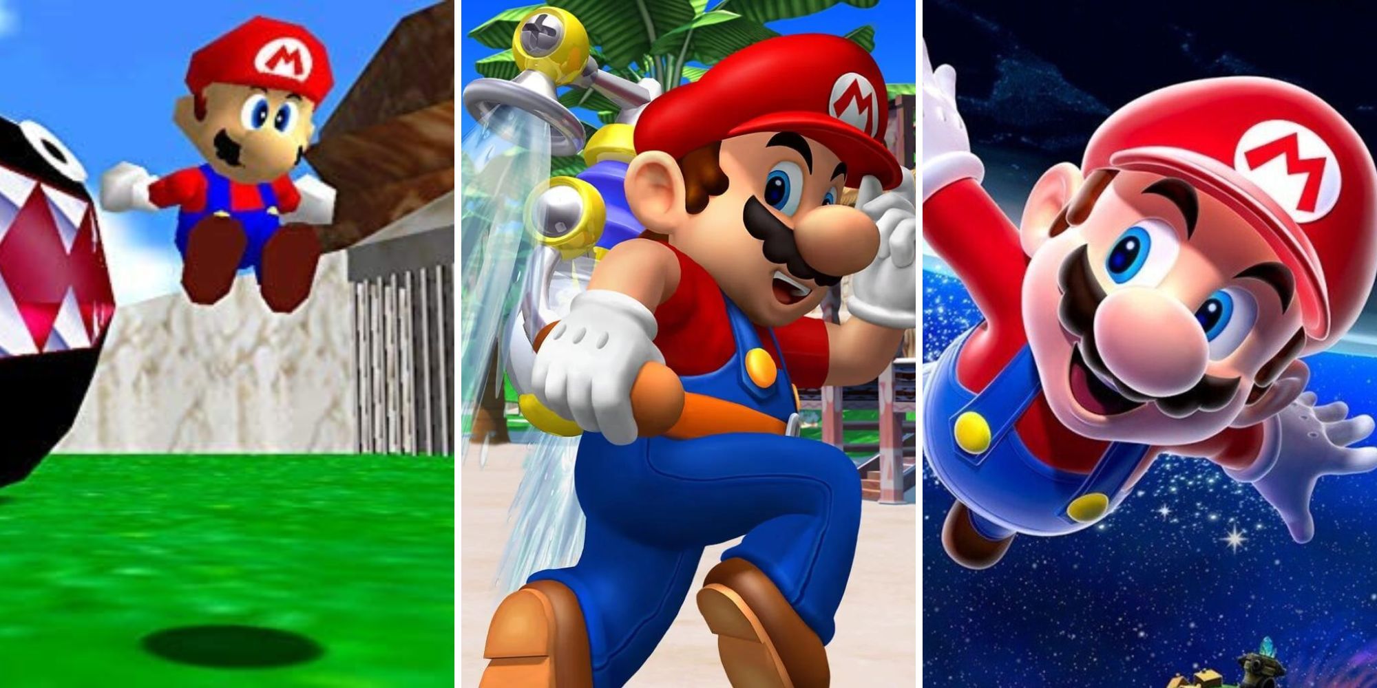 Mario salta de un Chain-Chomp, Mario salta con FLUDD, Mario vuela por el espacio