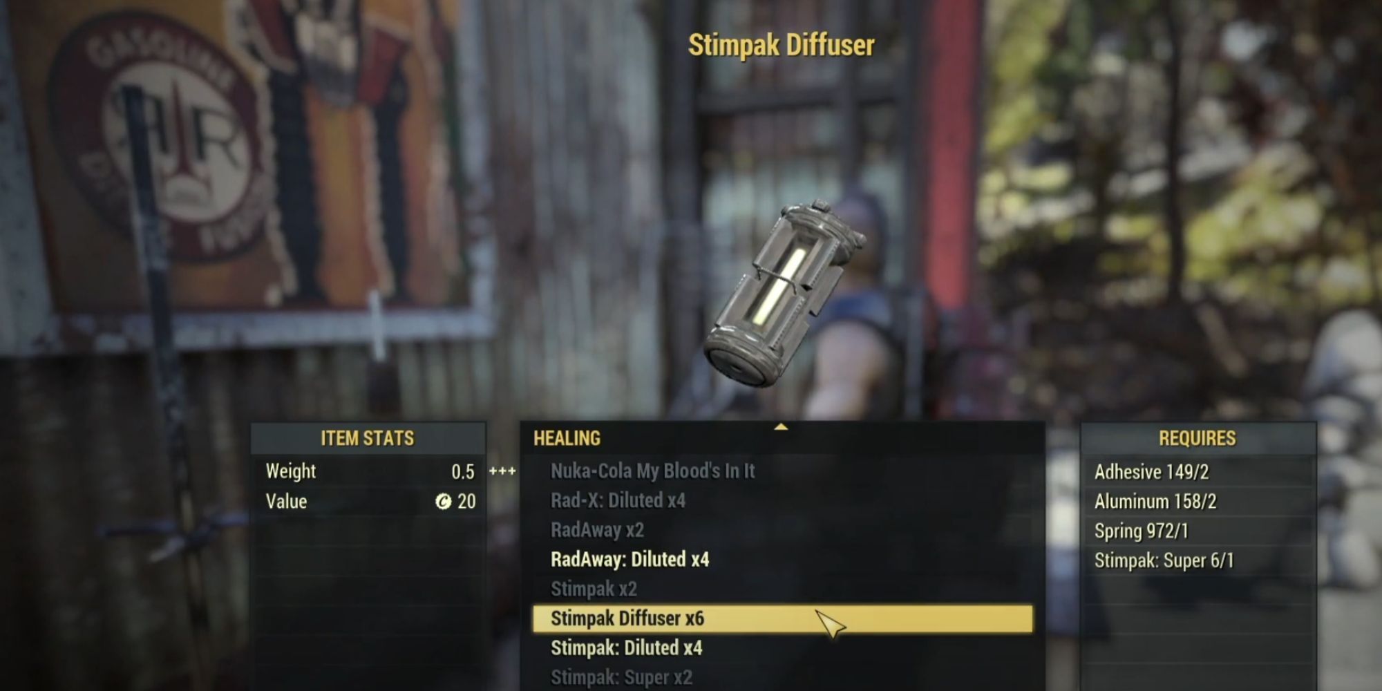 Un difusor Stimpack en el menú de elaboración de Fallout 76.