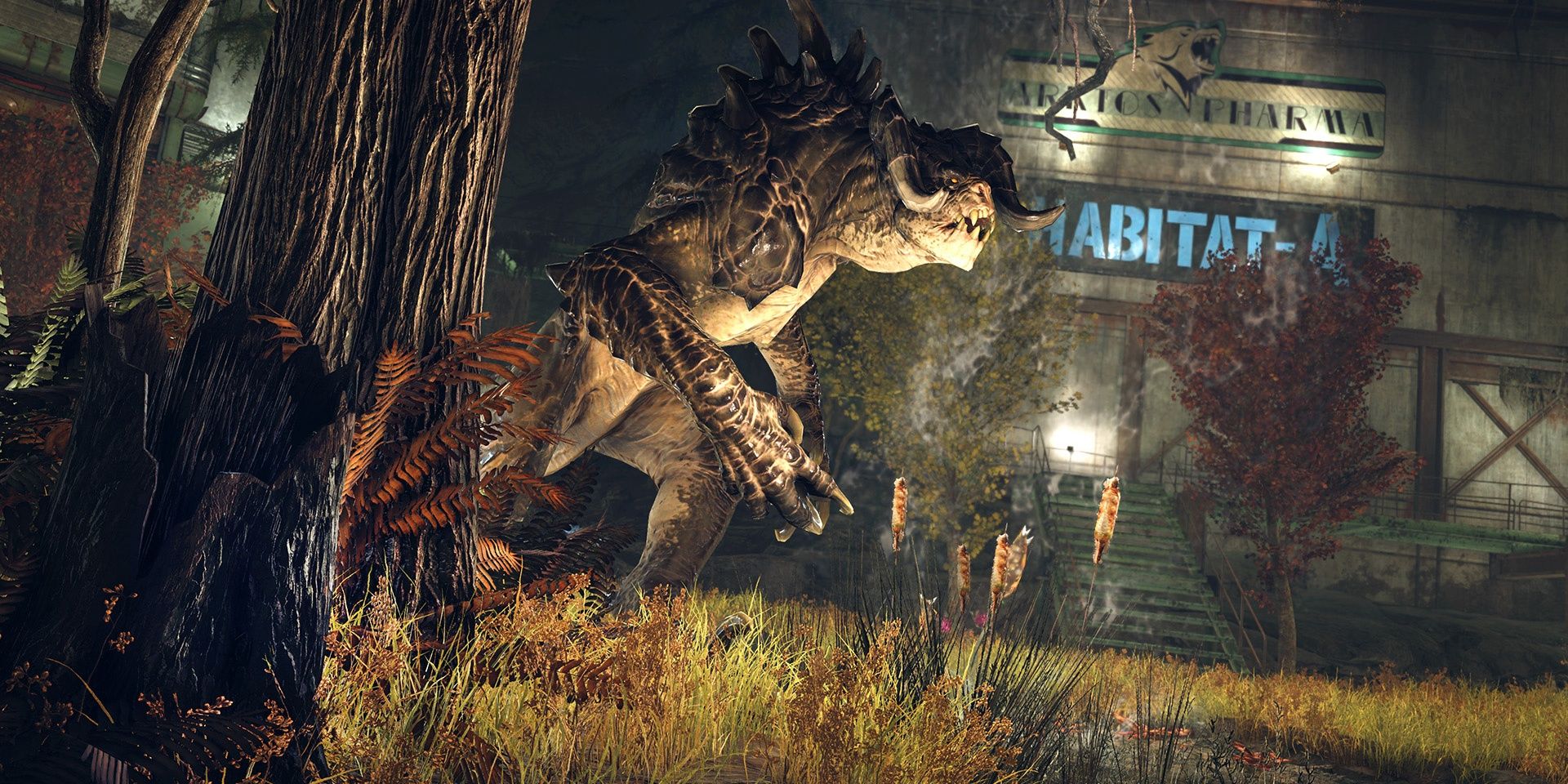 Un Deathclaw deambula por un hábitat en Fallout 76.