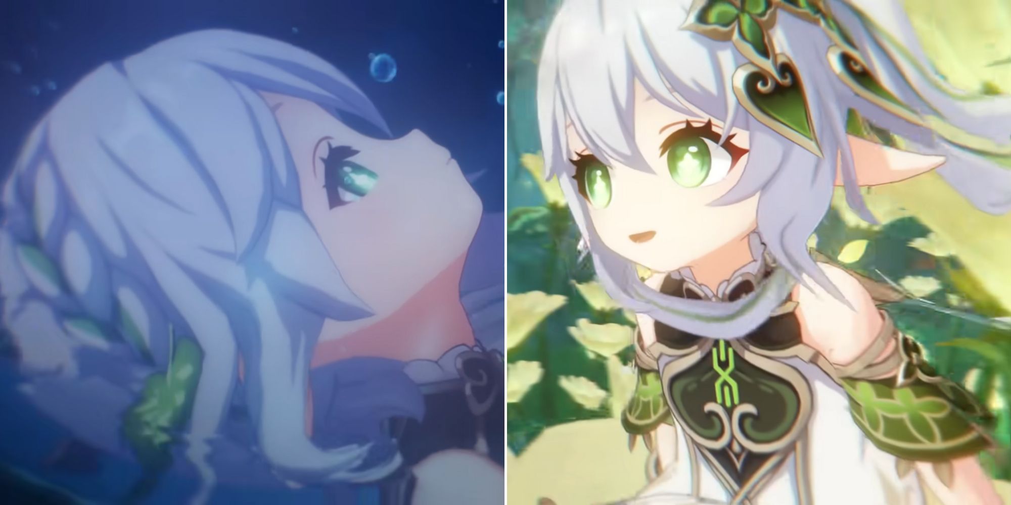 Genshin Impacta a Nahida bajo el agua y sonriendo adorablemente