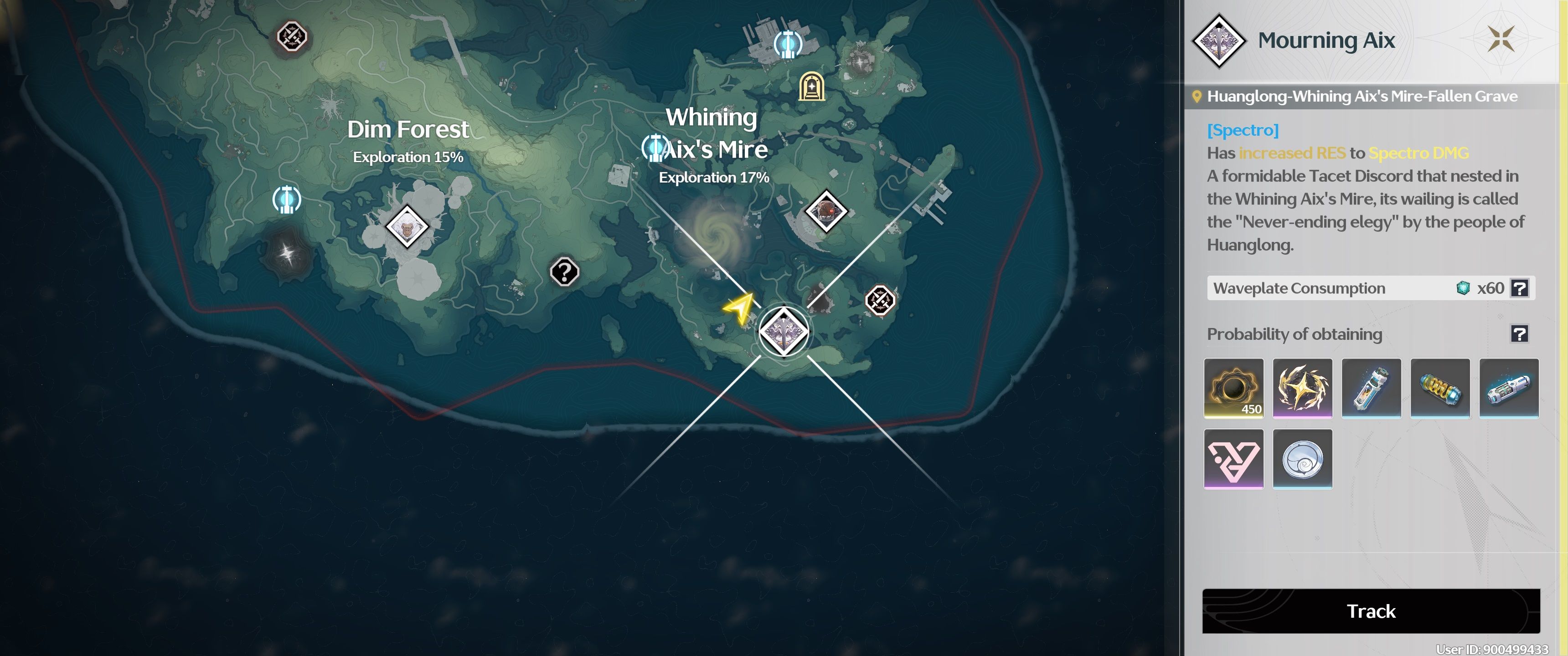 Mapa mundial que destaca la ubicación de un jefe mundial en Wuthering Waves 