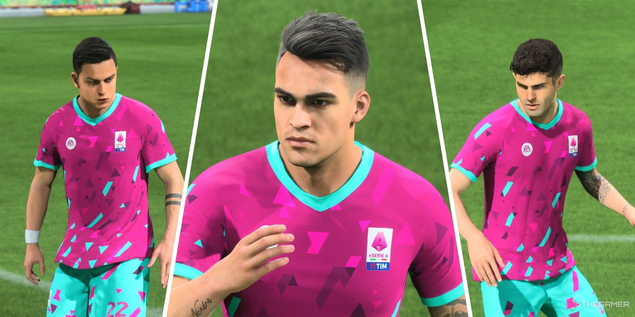 Una imagen dividida de Paulo Dybala, Lautaro Martinez y Christian Pulisic en EA Sports FC 24.