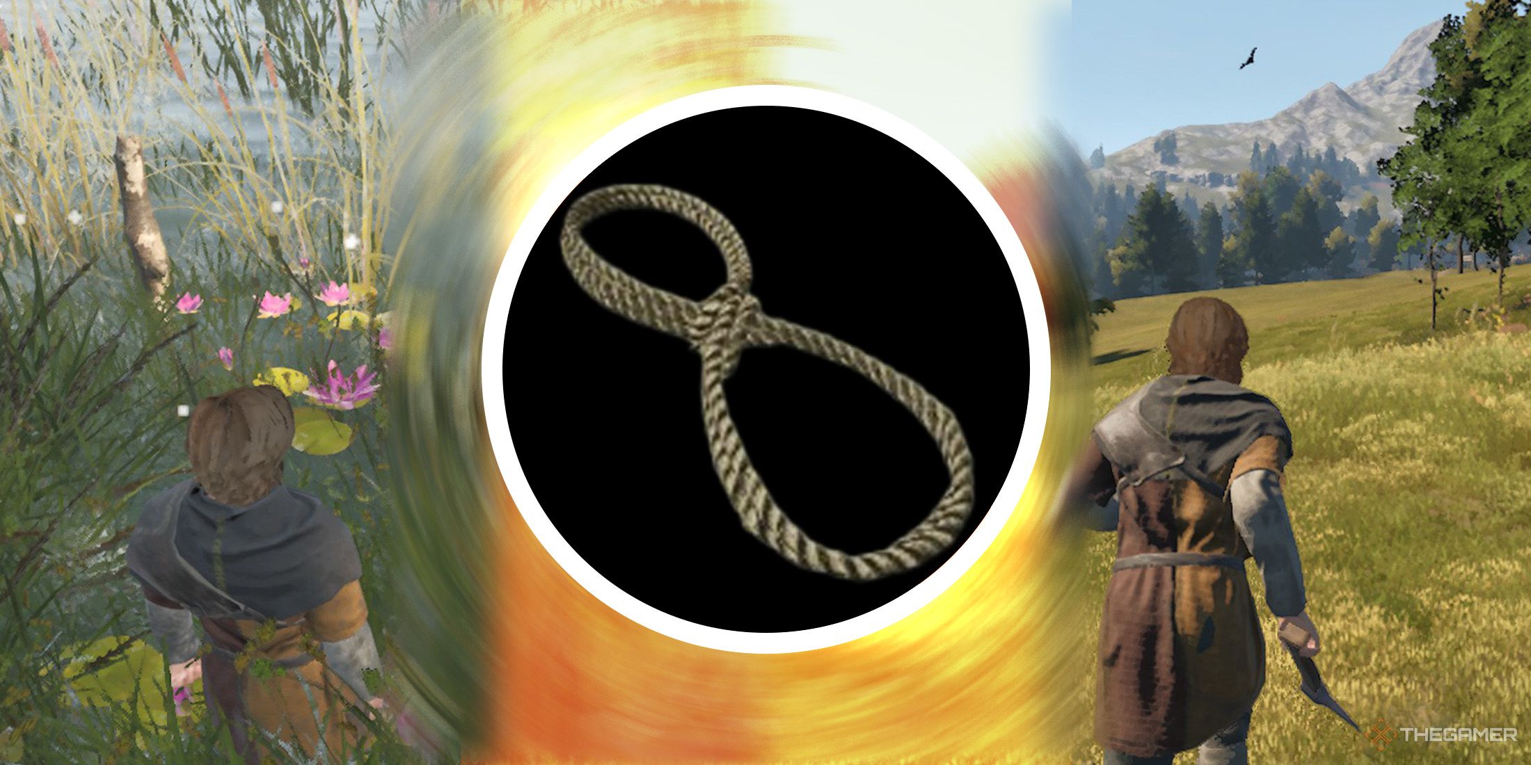 La imagen de Simple Cord está entre un jugador a la orilla del lago y un jugador corriendo en Bellwright.