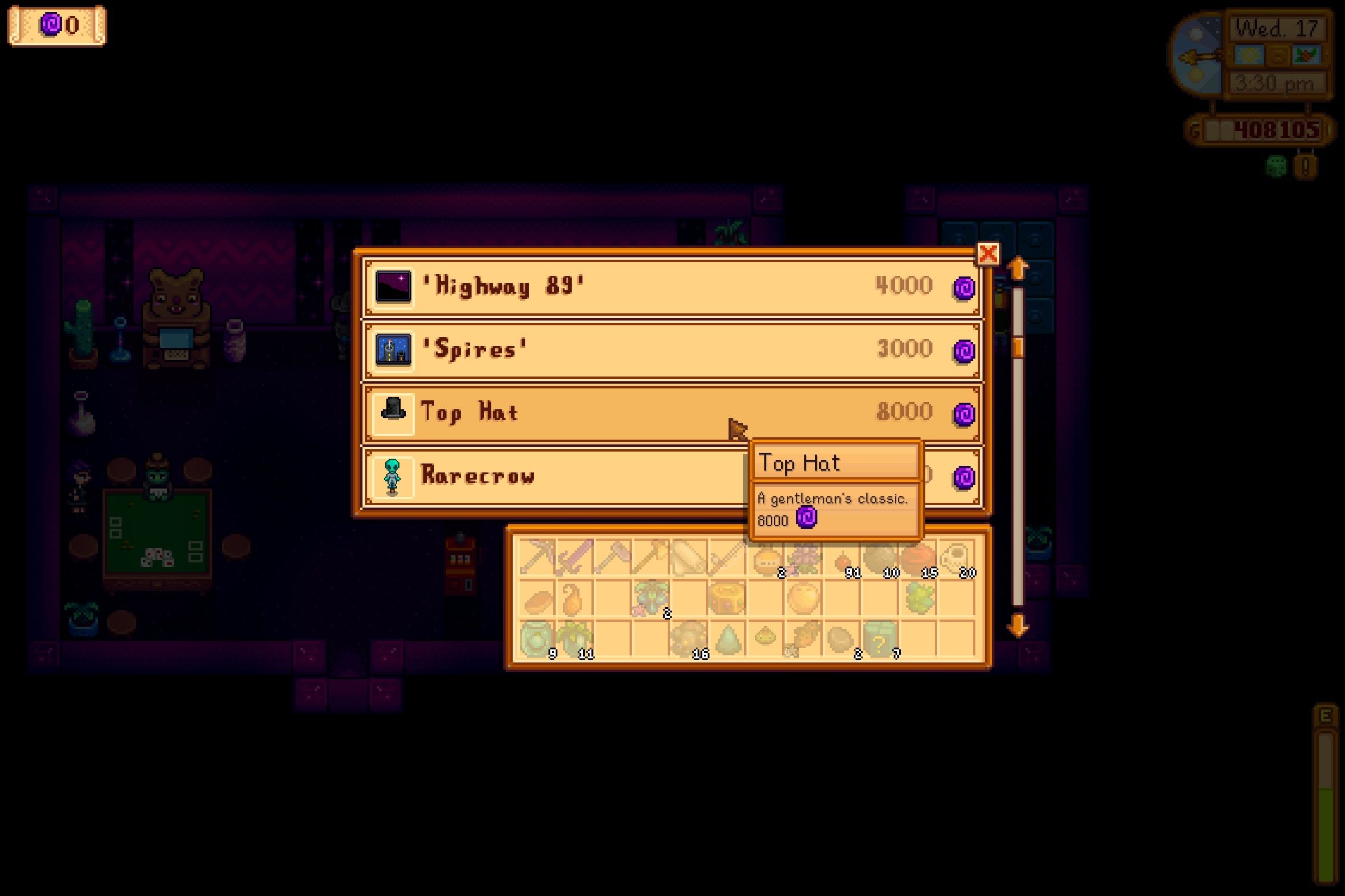 Encontrar el sombrero de copa en el casino de Stardew Valley.