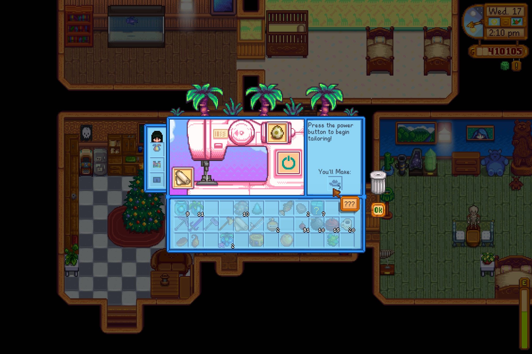 haciendo un gorro de dinosaurio en la máquina de coser en stardew Valley