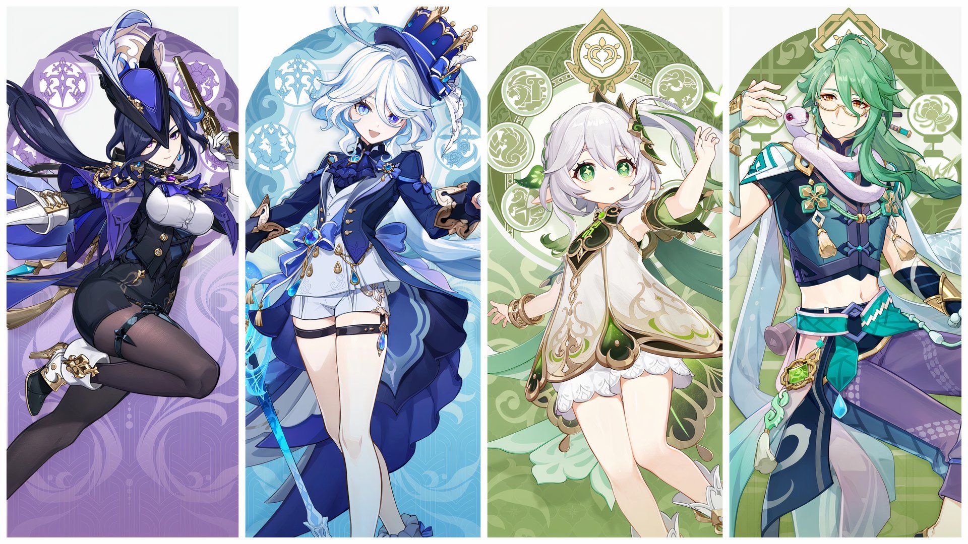 Clorinde, Furina, Nahida y Baizhu de Genshin Impact