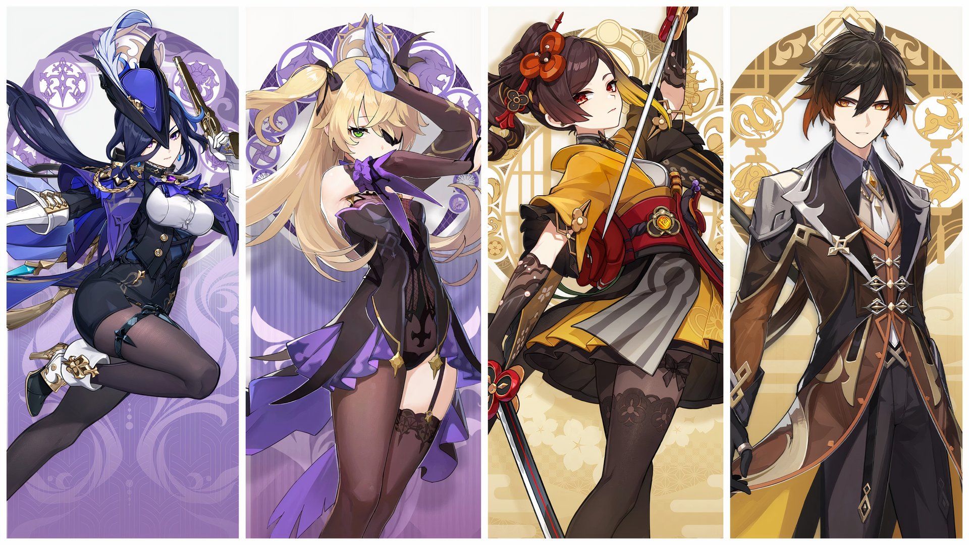 Clorinde, Fischl, Chiori y Zhongli de Genshin Impact