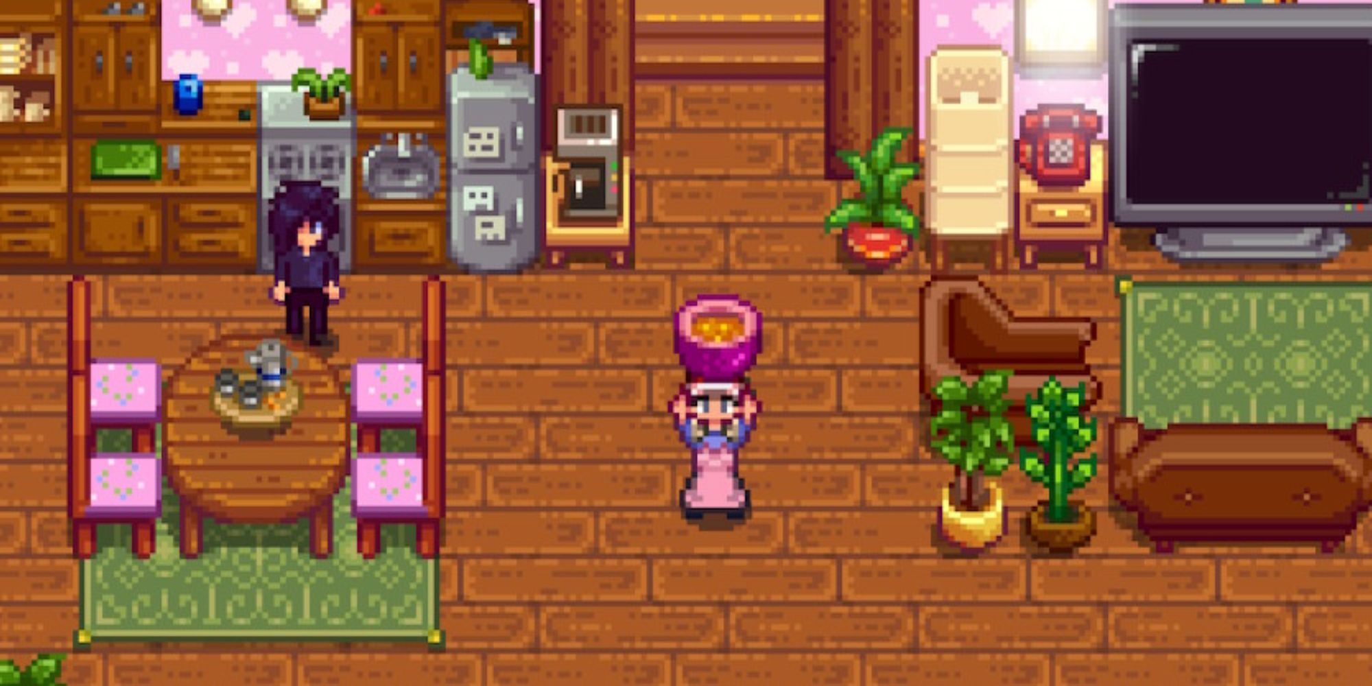 Personaje de Stardew Valley sosteniendo sopa de calabaza en una granja
