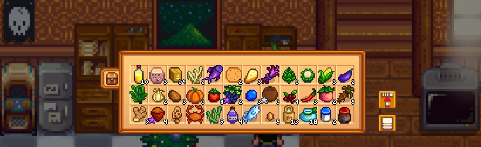un refrigerador lleno de muchos ingredientes, necesitas todos los ingredientes para el logro del chef gourmet en Stardew Valley, todas las recetas.