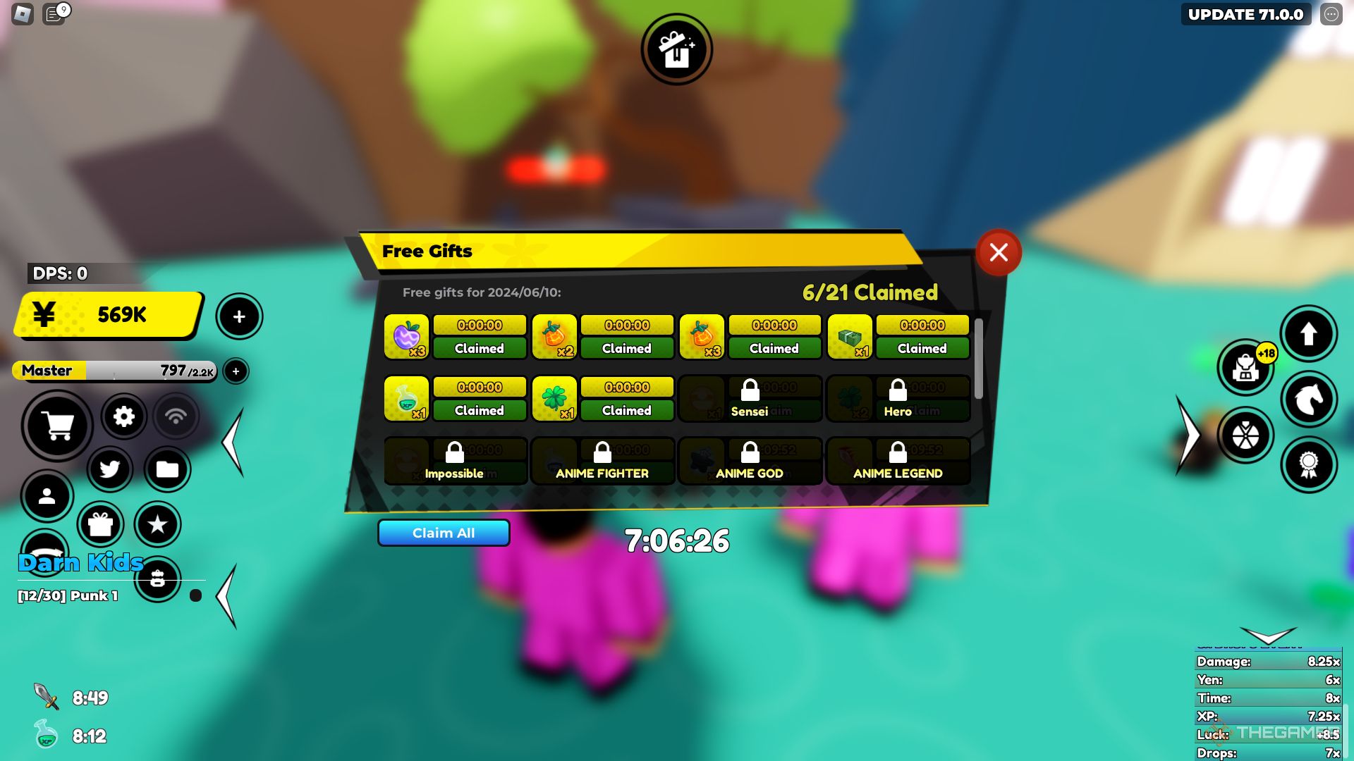 la ventana de recompensas diarias en Master Rank en Roblox Anime Fighters Simulator