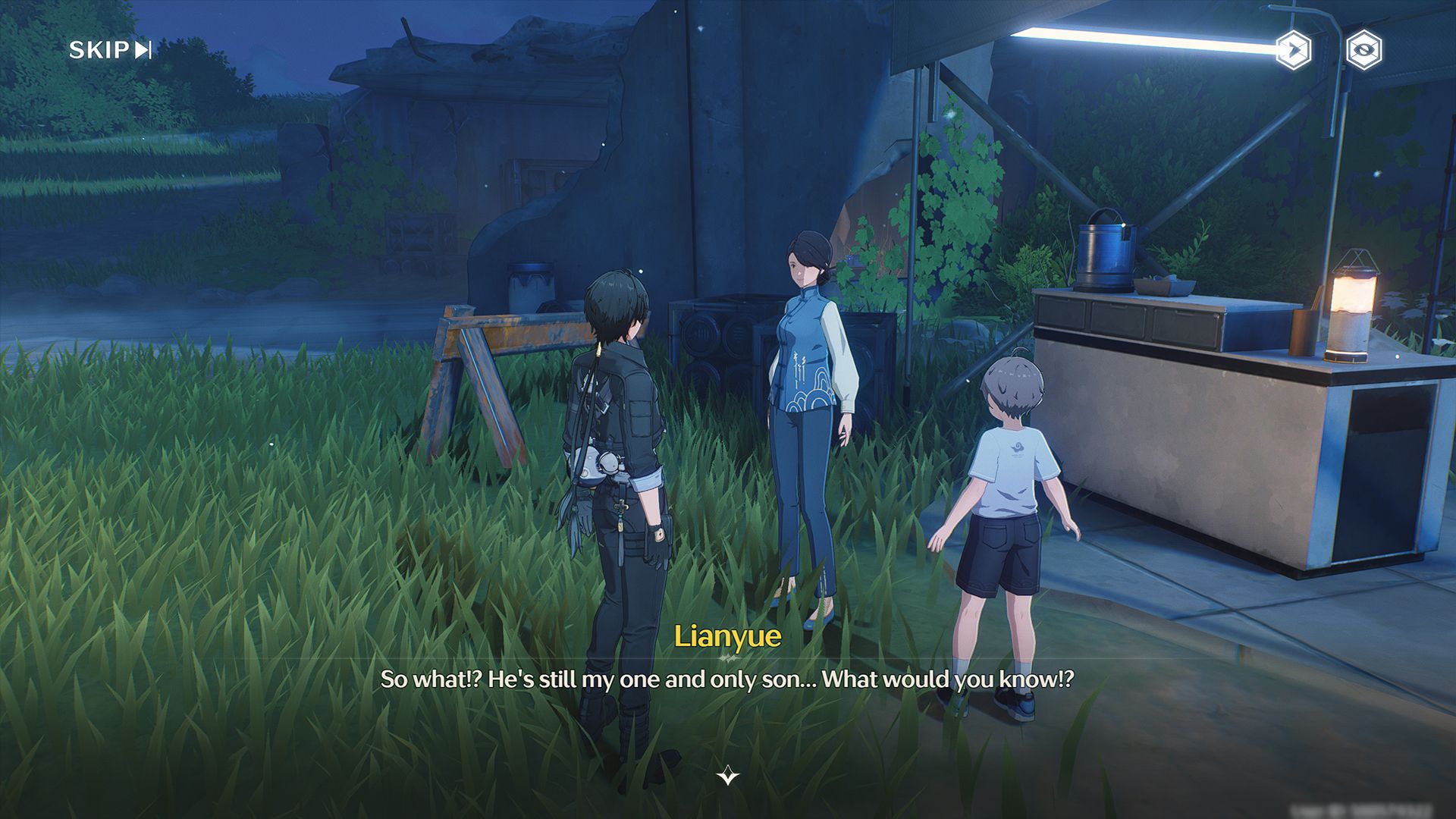 Rover hablando con Lainyue en el campamento de la sociedad de sesiones espiritistas.