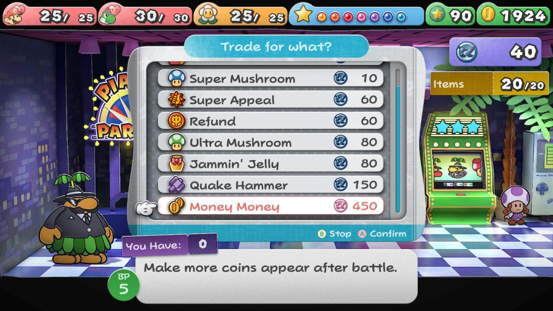 La Insignia de Dinero en el menú del mostrador de premios de Pianta Parlor en Paper Mario: The Thousand-Year Door.