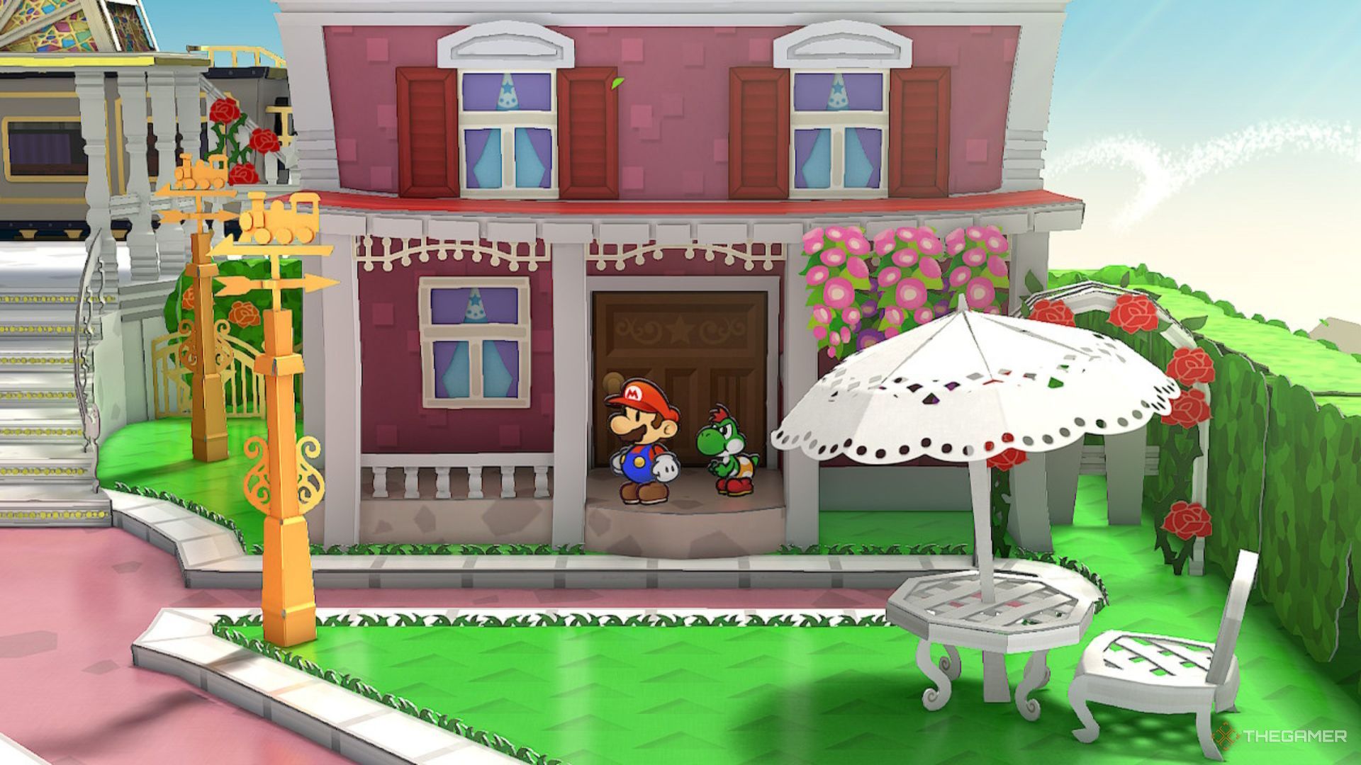 Un jugador parado afuera de la casa de Toodles en Poshley Heights en Paper Mario: The Thousand-Year Door.