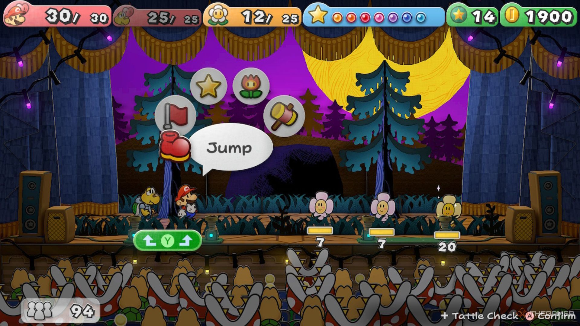Un jugador que se prepara para luchar contra dos Crazee Dayzees y un Amazy Dazee en Paper Mario: The Thousand-Year Door.