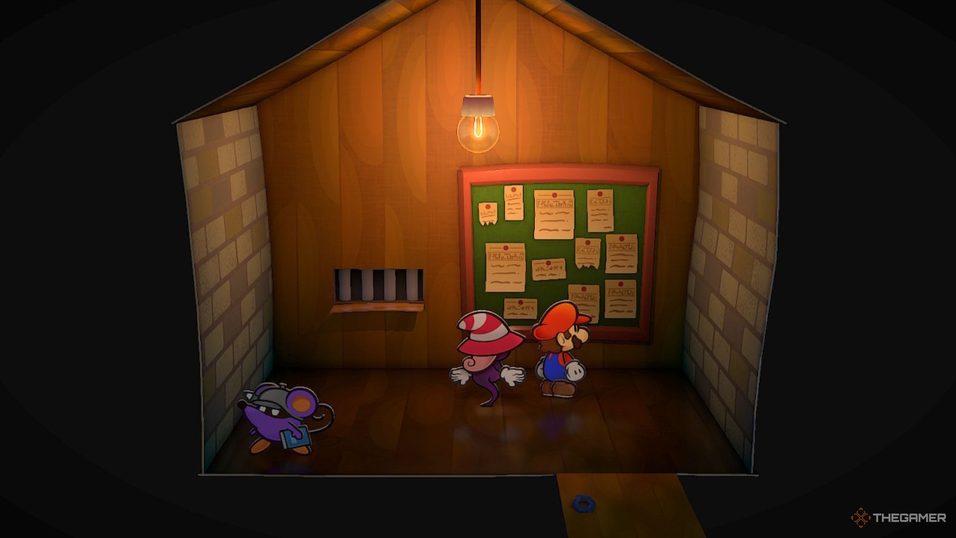 Un jugador parado cerca del tablero en el Centro de Problemas en Paper Mario: The Thousand-Year Door.