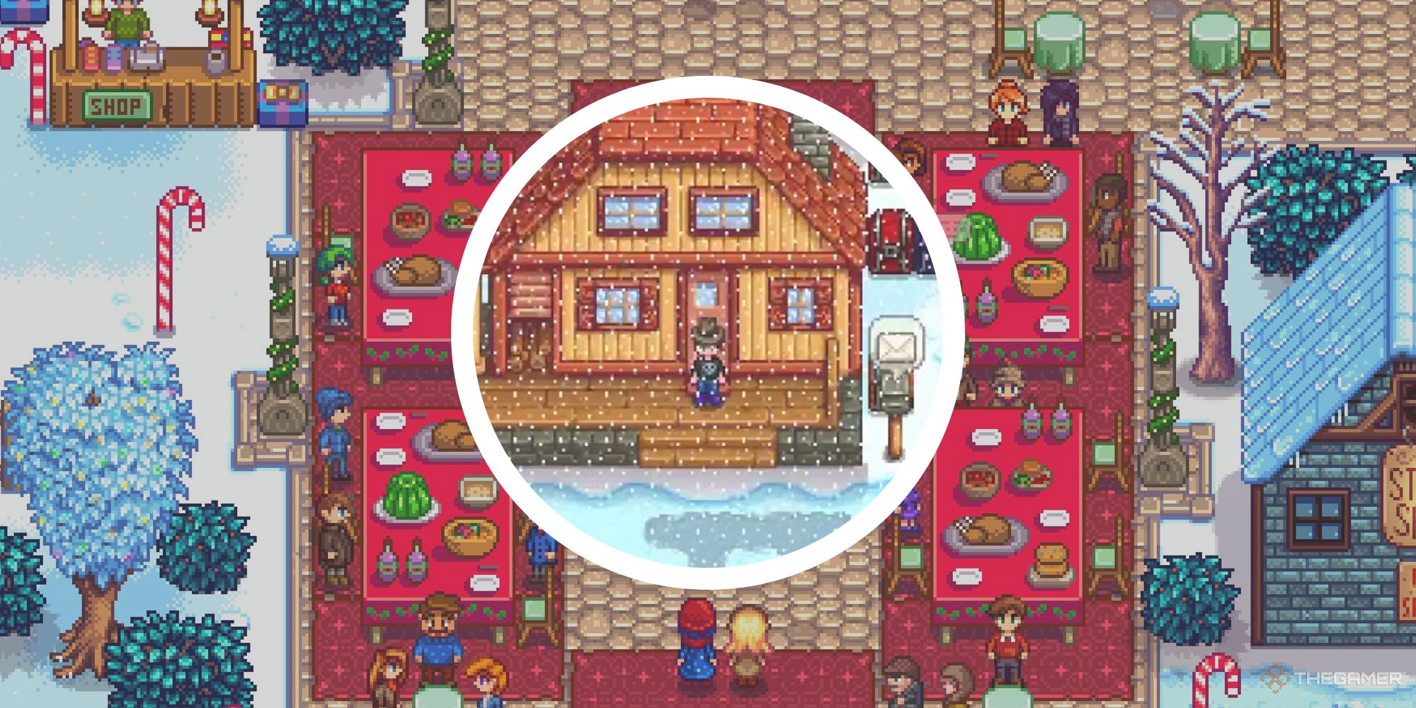 Imagen de Stardew Valley del jugador en la granja sobre imagen de la fiesta de invierno.
