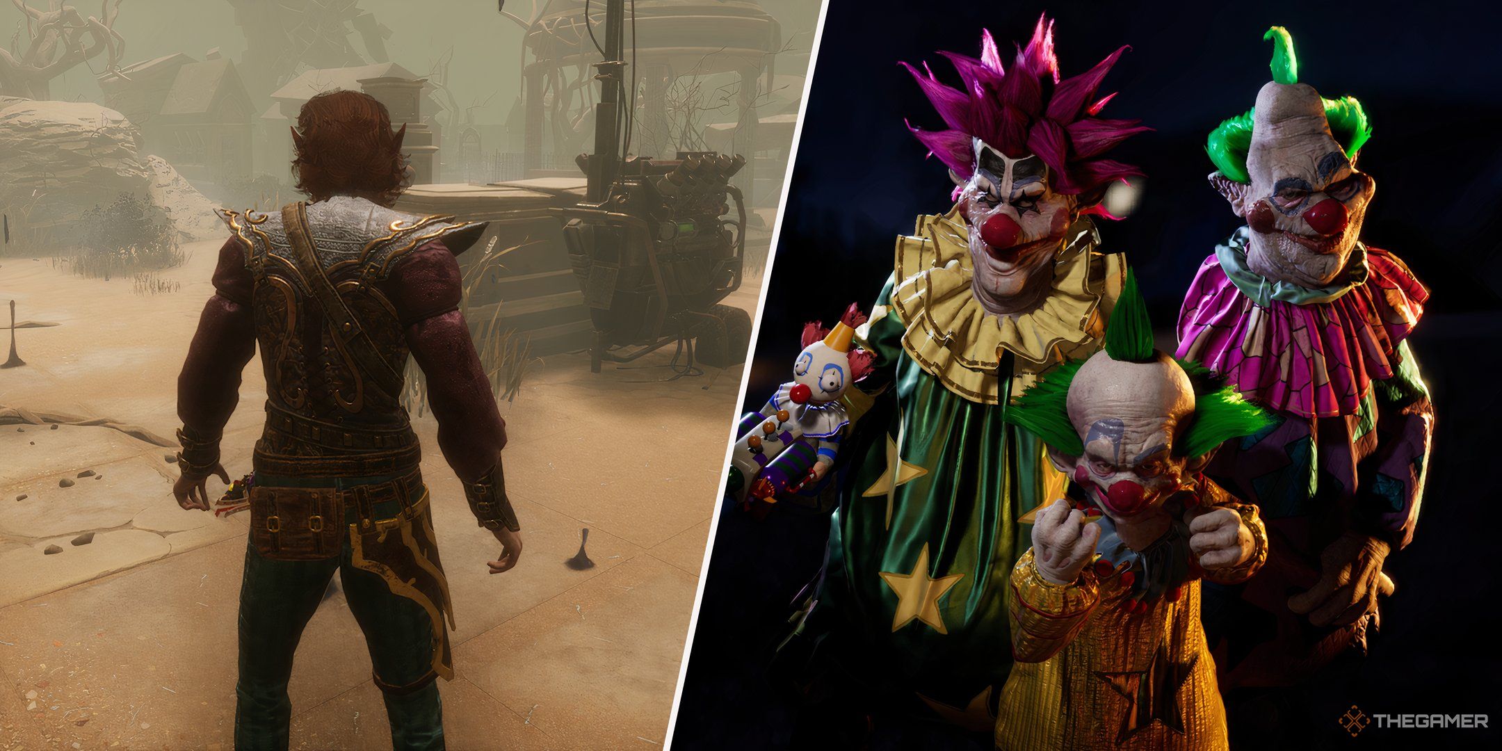 Izquierda: Superviviente frente a un generador de Dead By Daylight, derecha: Payasos asesinos del espacio exterior: el juego