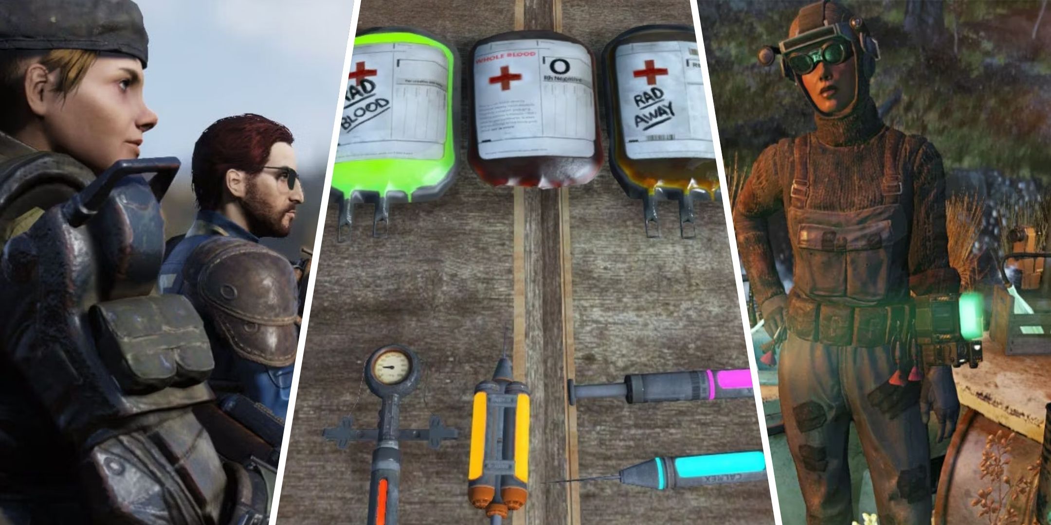 Fallout 76 Chems colocados sobre una mesa, dos habitantes de la bóveda parados a la izquierda, una persona parada frente al banco de trabajo del químico a la derecha