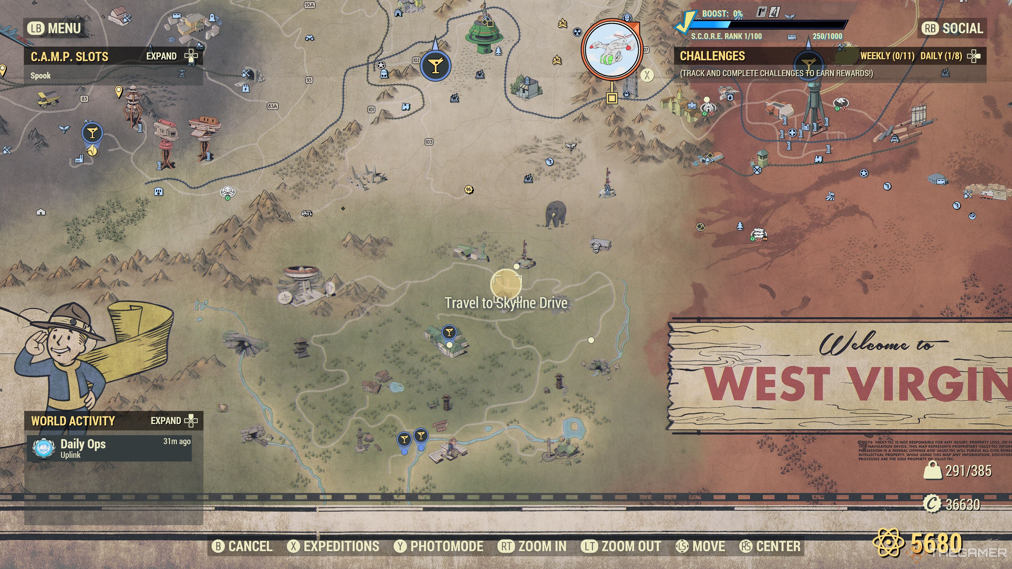Skyline Drive en el mapa de Fallout 76.