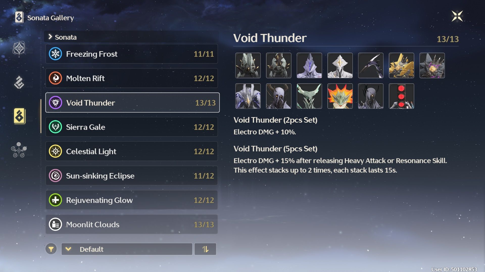 Menú del banco de datos que muestra diferentes conjuntos de Sonata, incluido el conjunto Void Thunder y lo que hace en Wuthering Waves.