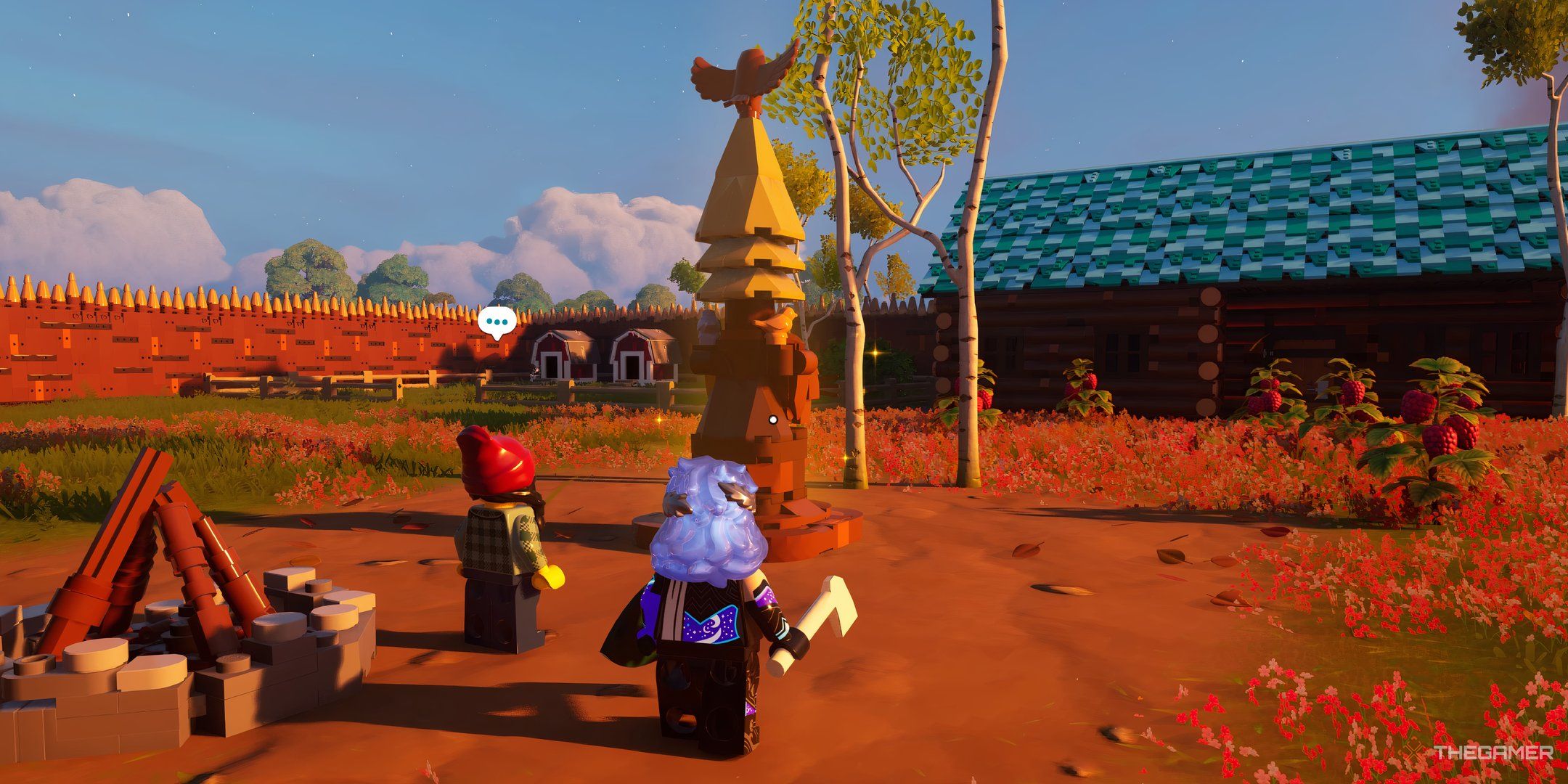 Lego Fortnite Village Square, casas de animales, aldeano, casa con techo verde.