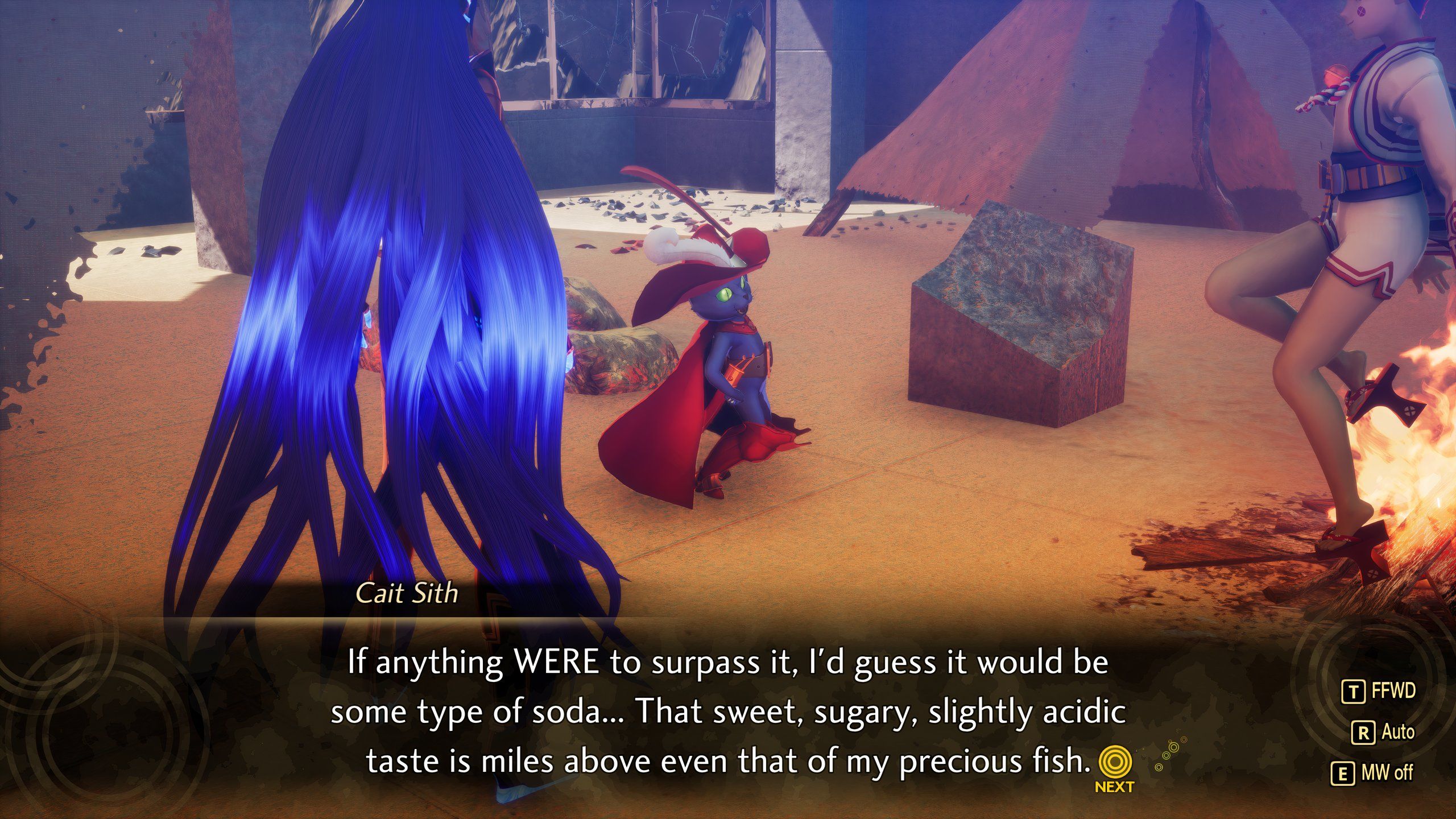 Cait Sith, un demonio en Shin Megami Tensei 5, conversa con el personaje del jugador en la nueva ubicación del refugio de demonios.