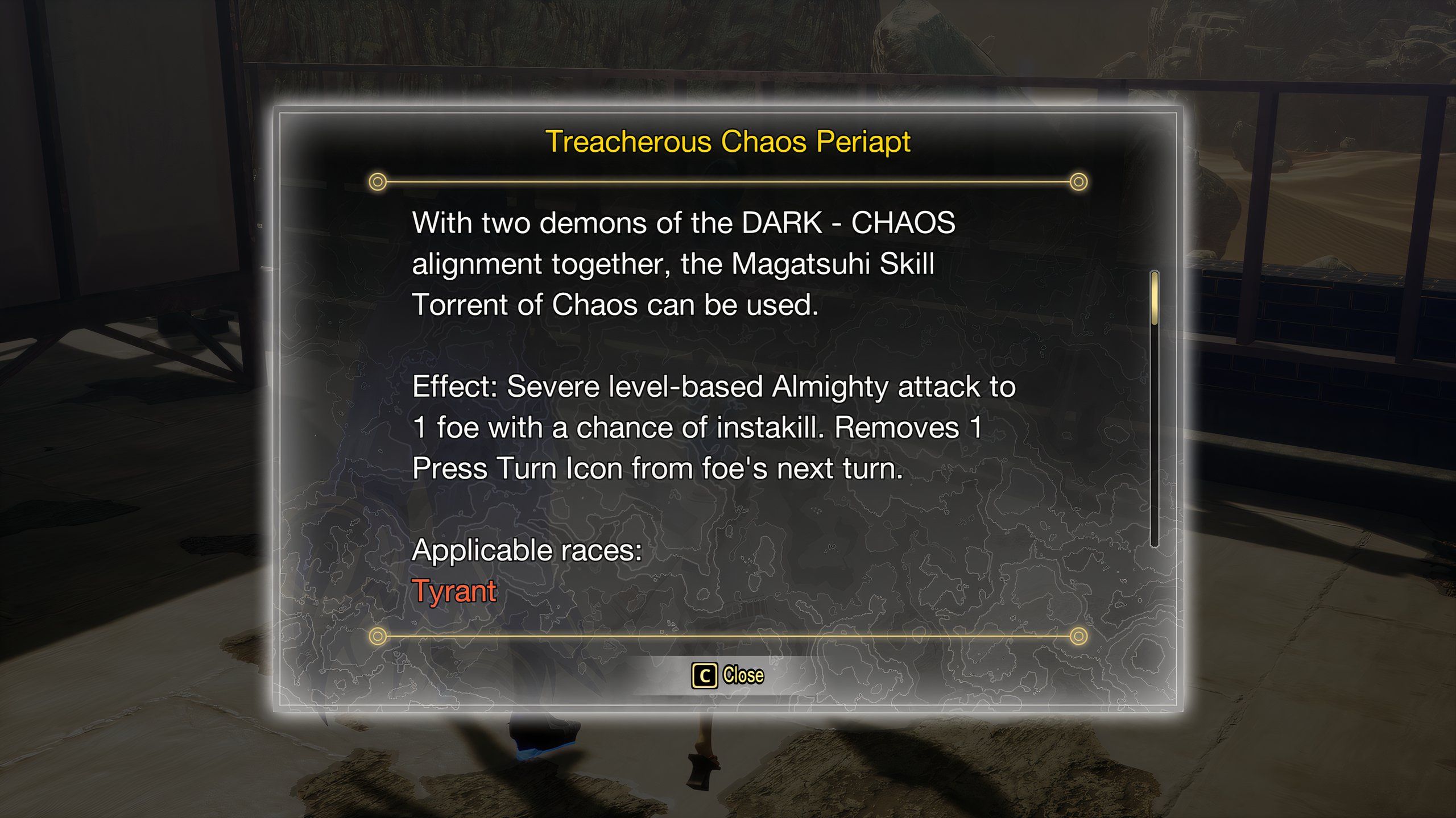 Una pantalla que explica el Periapto del Caos Traicionero en Shin Megami Tensei 5: Vengeance