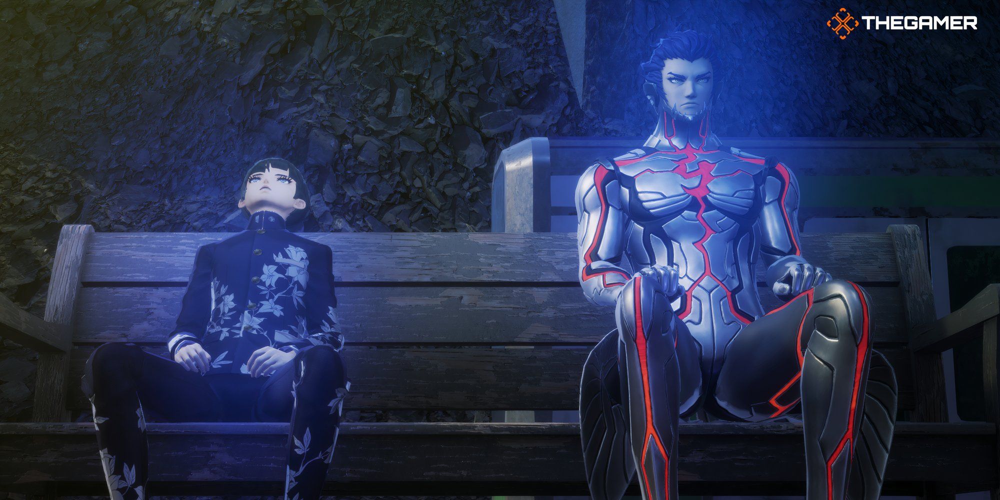Nahobino y Aogami sentados juntos en un banco en Shin Megami Tensei 5_ Vengeance