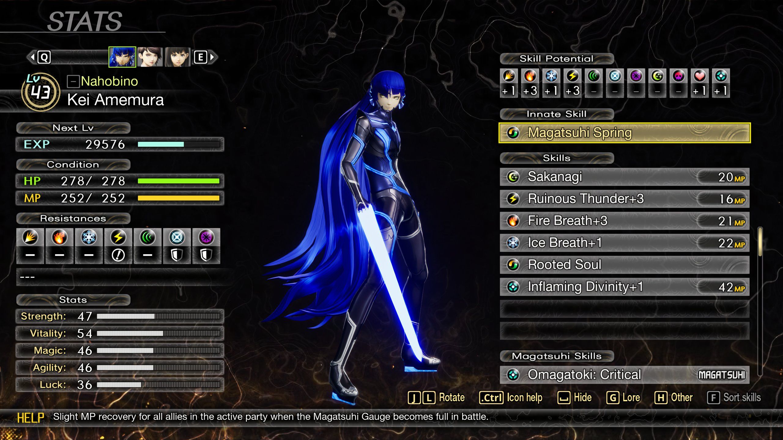 Las estadísticas de Nahobino, destacando Ruinous Thunder, en Shin Megami Tensei 5: Vengeance