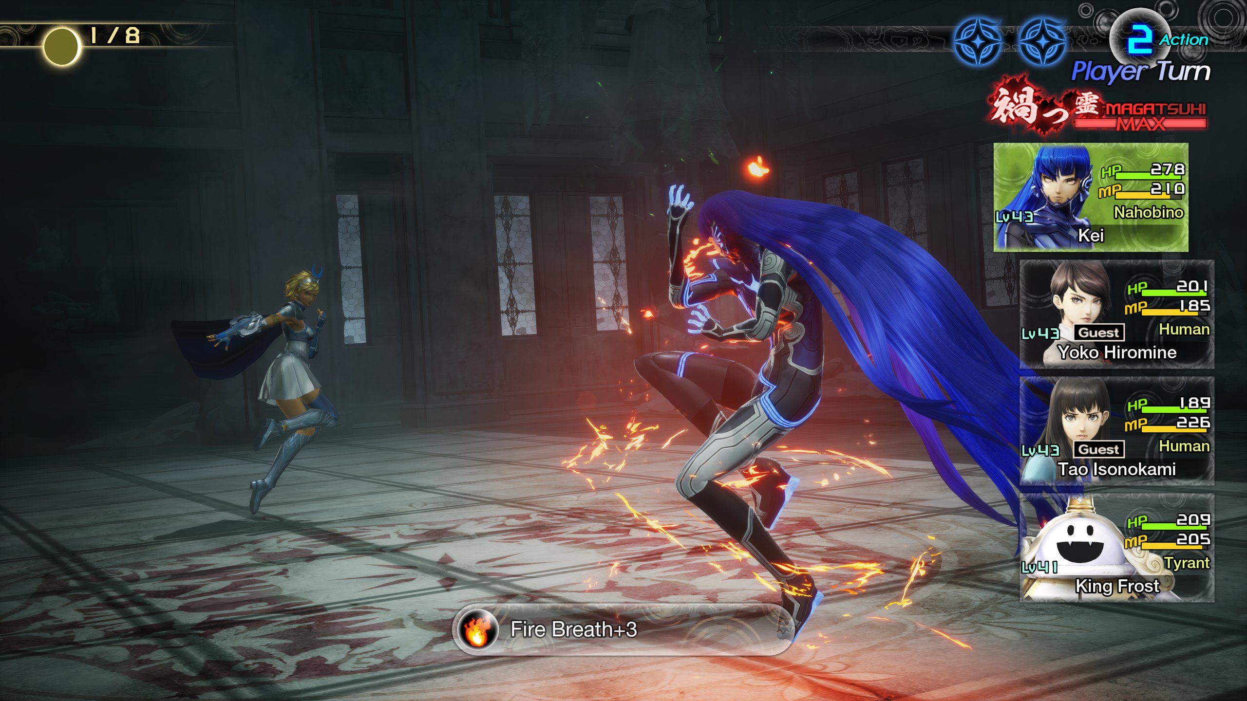 El Nahobino prepara un ataque Fire Breath contra Artemis en Shin Megami Tensei 5: Vengeance
