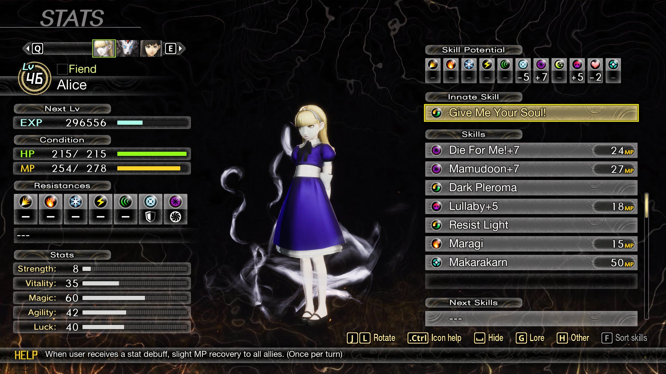 Estadísticas de la pantalla del grupo de Alice en Shin Megami Tensei 5: Vengeance