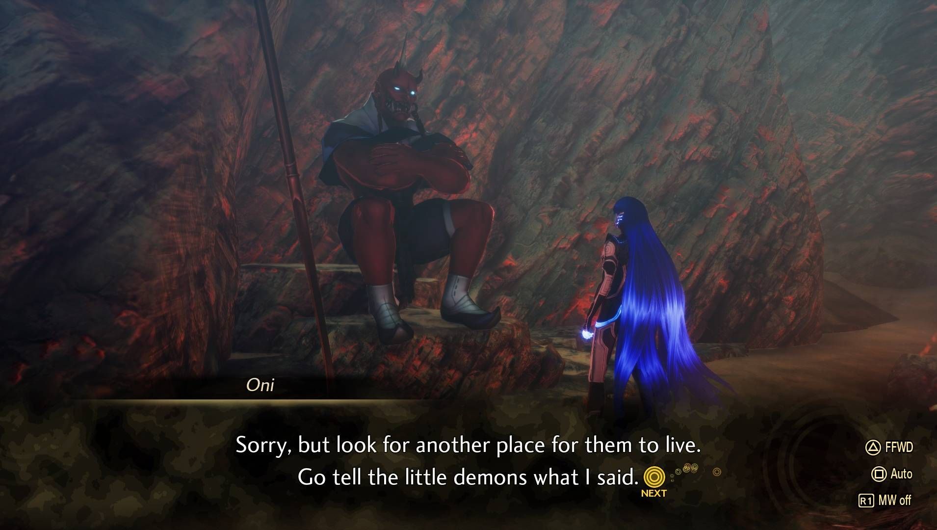 Hablando con un Oni sobre la cueva en la que se encuentra en Shin Megami Tensei 5 Vengeance