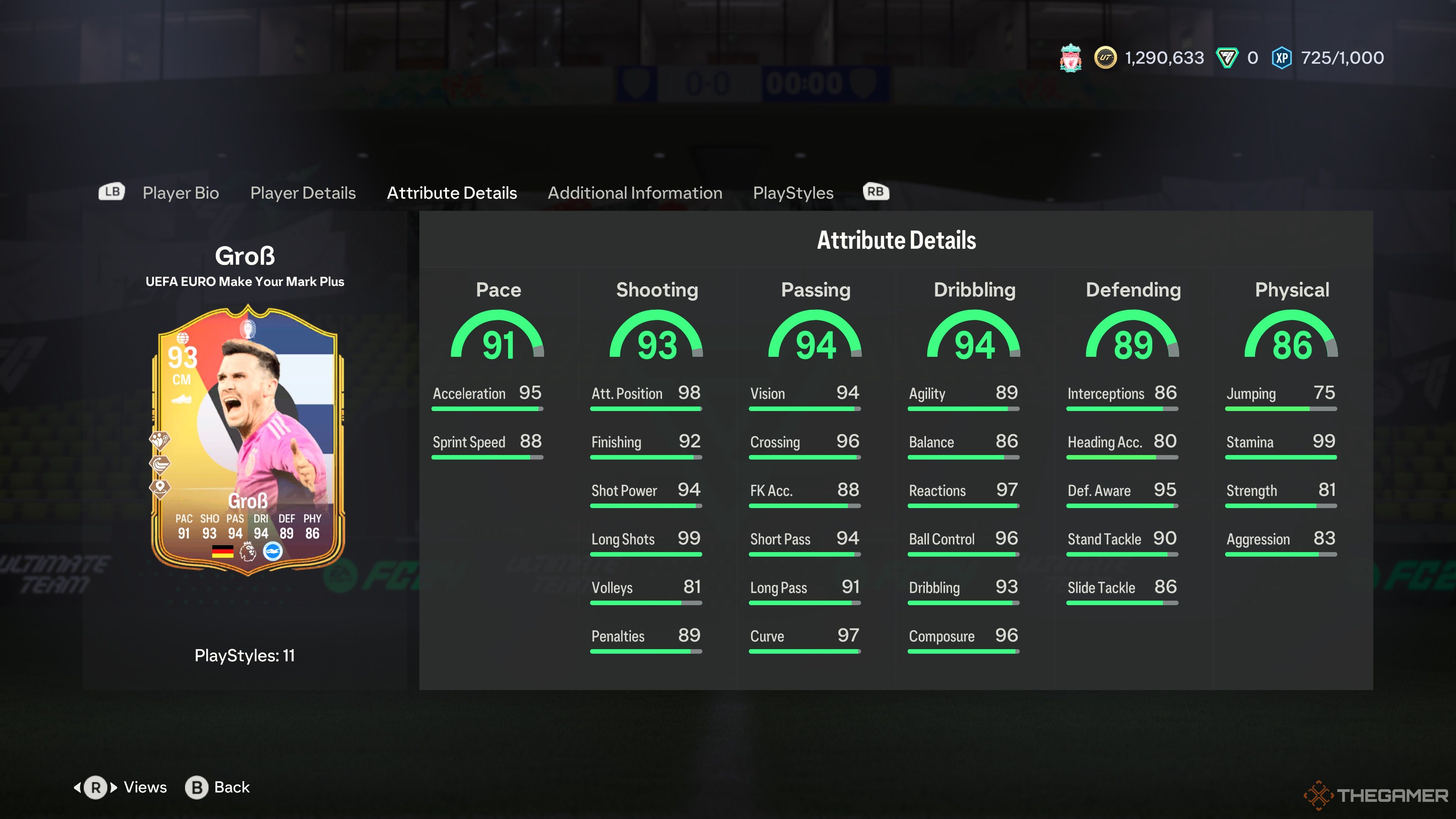 Atributos de la tarjeta Pascal Gross Make Your Mark Challenge en EA Sports FC 24.