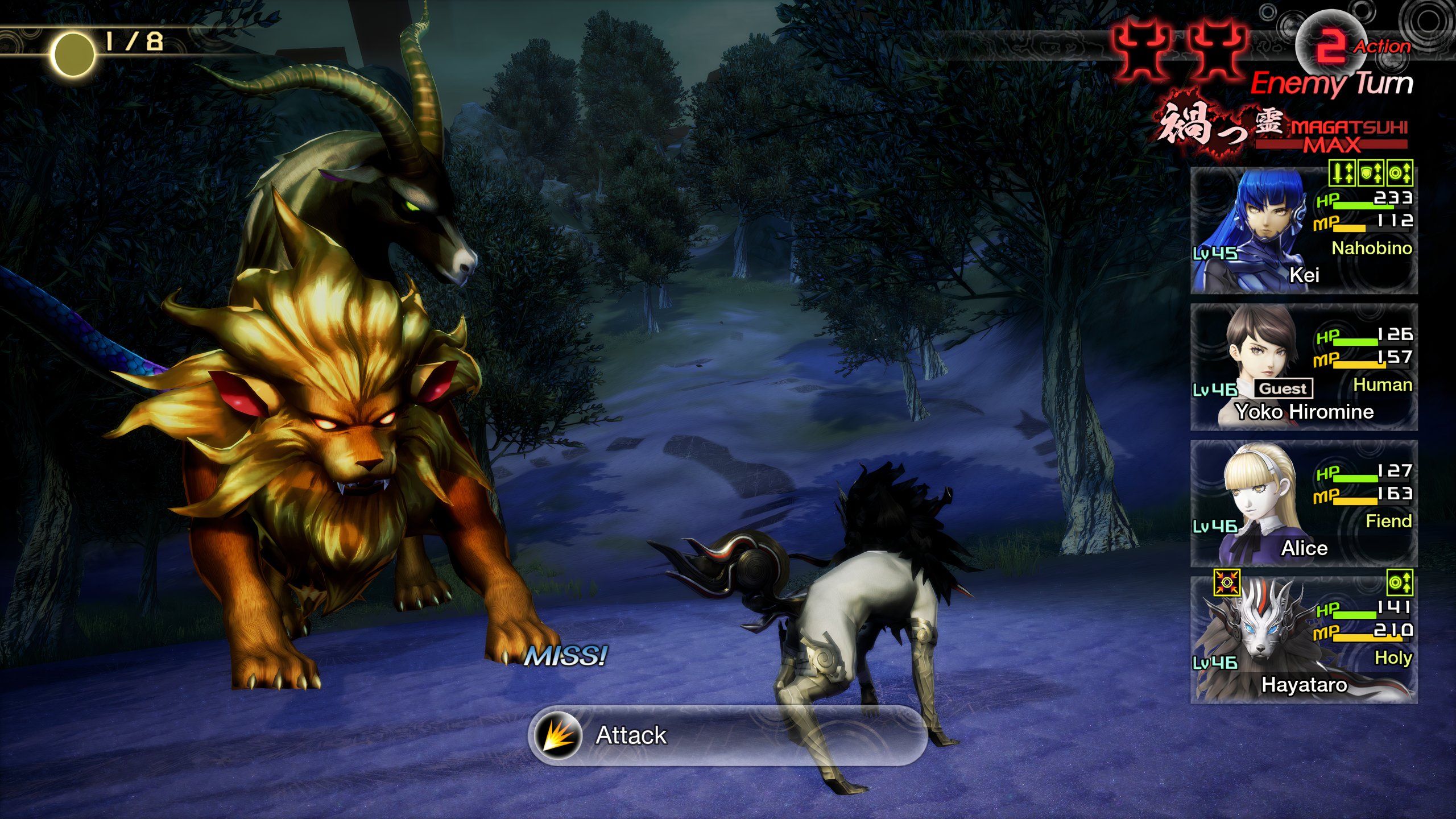 Hayataro esquiva un ataque de la Quimera en Shin Megami Tensei 5: Vengeance