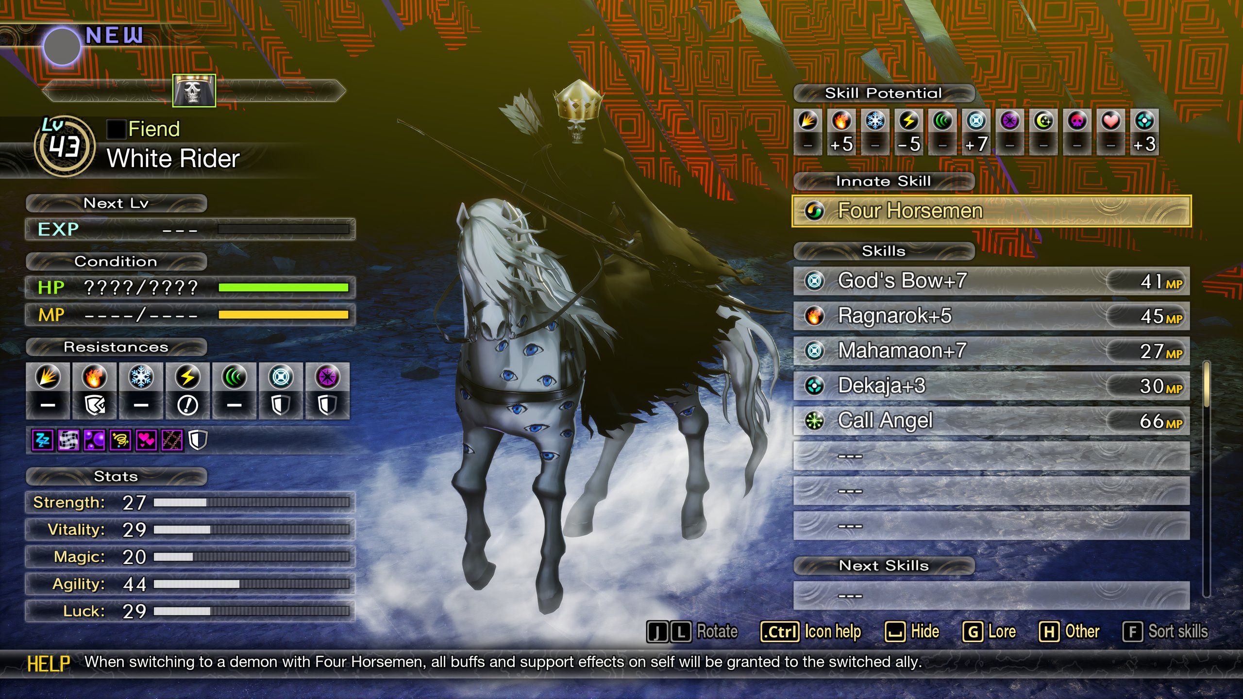 Shin Megami Tensei 5: Vengeance captura de pantalla de la pantalla de análisis de White Rider