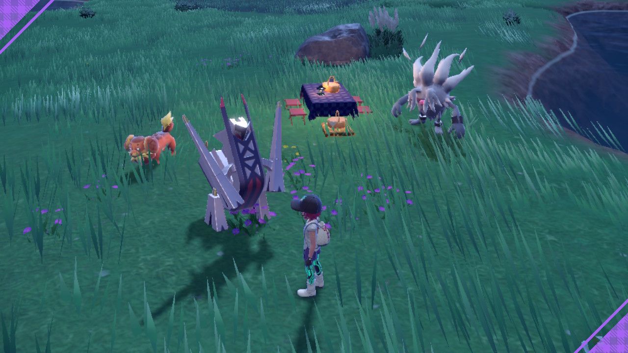 Una captura de pantalla de un picnic en Pokémon Violeta con Dachsbun, Archaludon y Annihilape.