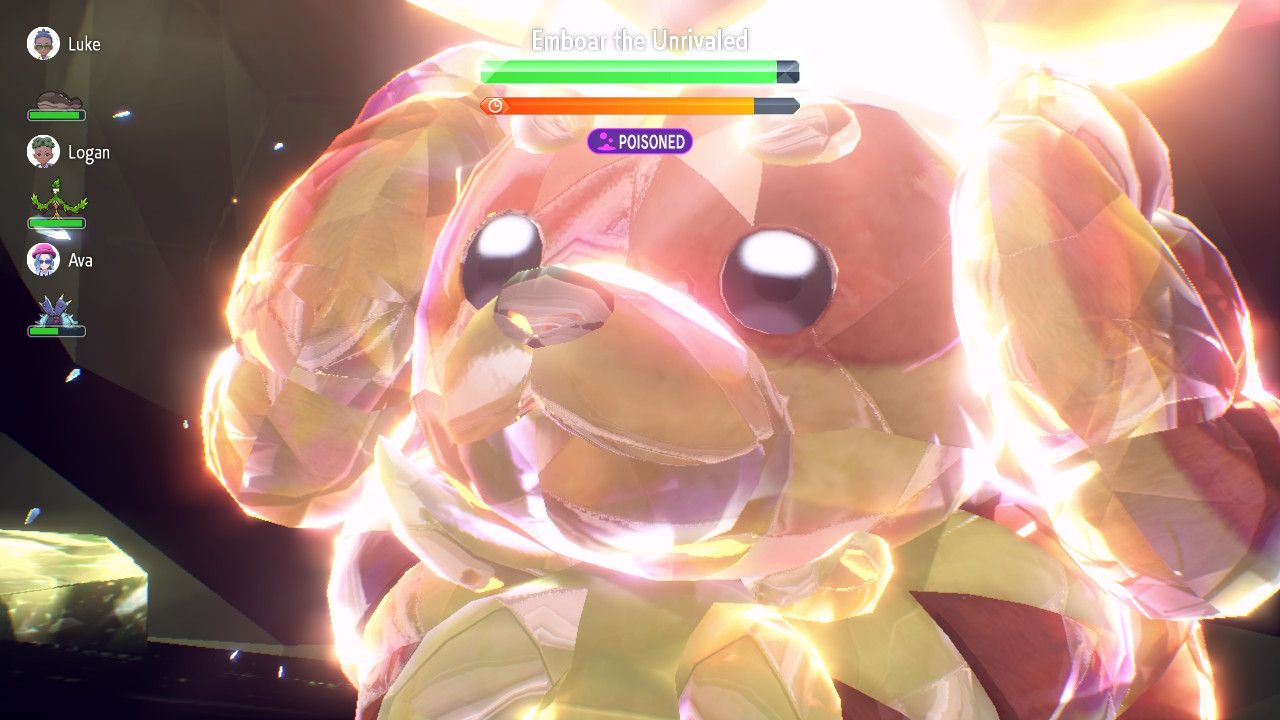 Una captura de pantalla de Pokémon Scarlet y Violet que muestra un primer plano de un Dachsbun Terastalizado.