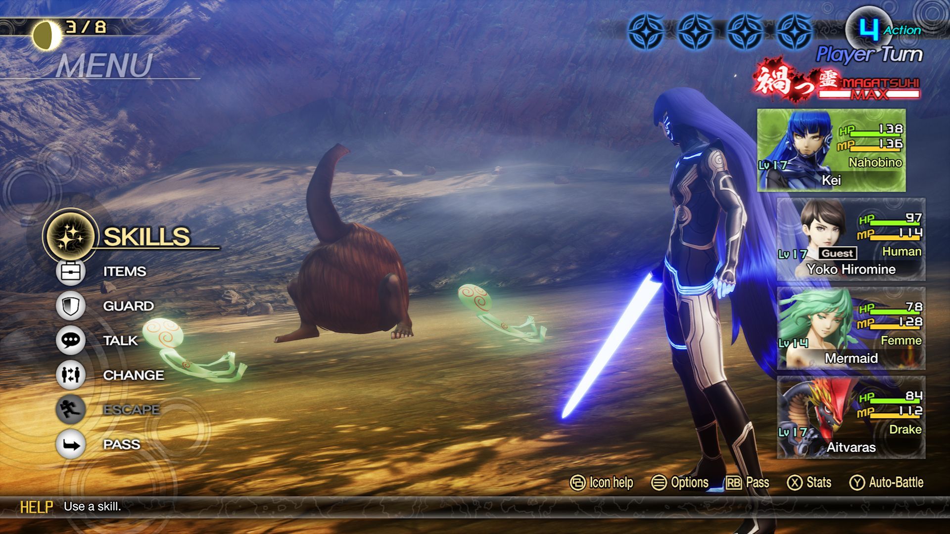 Un jugador que lucha contra Nozuchi y dos Kodamas en Shin Megami Tensei 5 Vengeance.