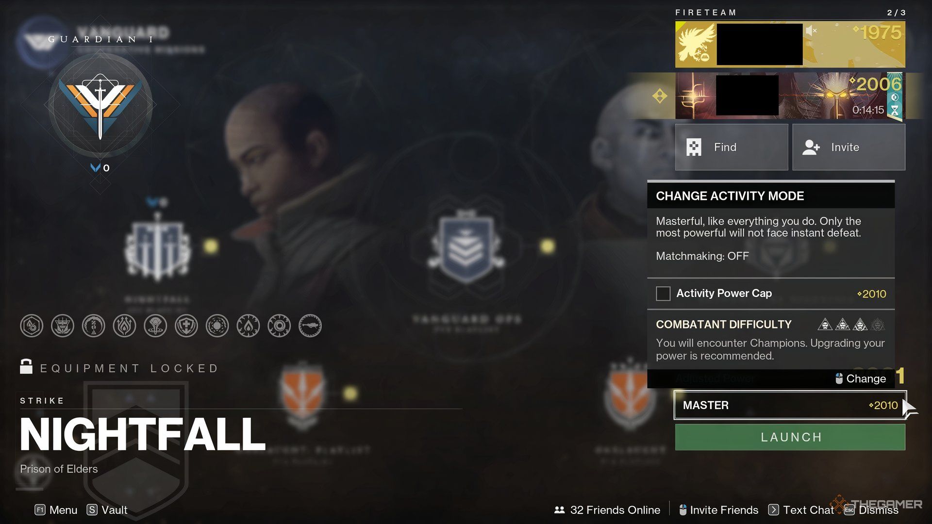 Un ejemplo de Master Nightfall que muestra el nivel de potencia requerido.