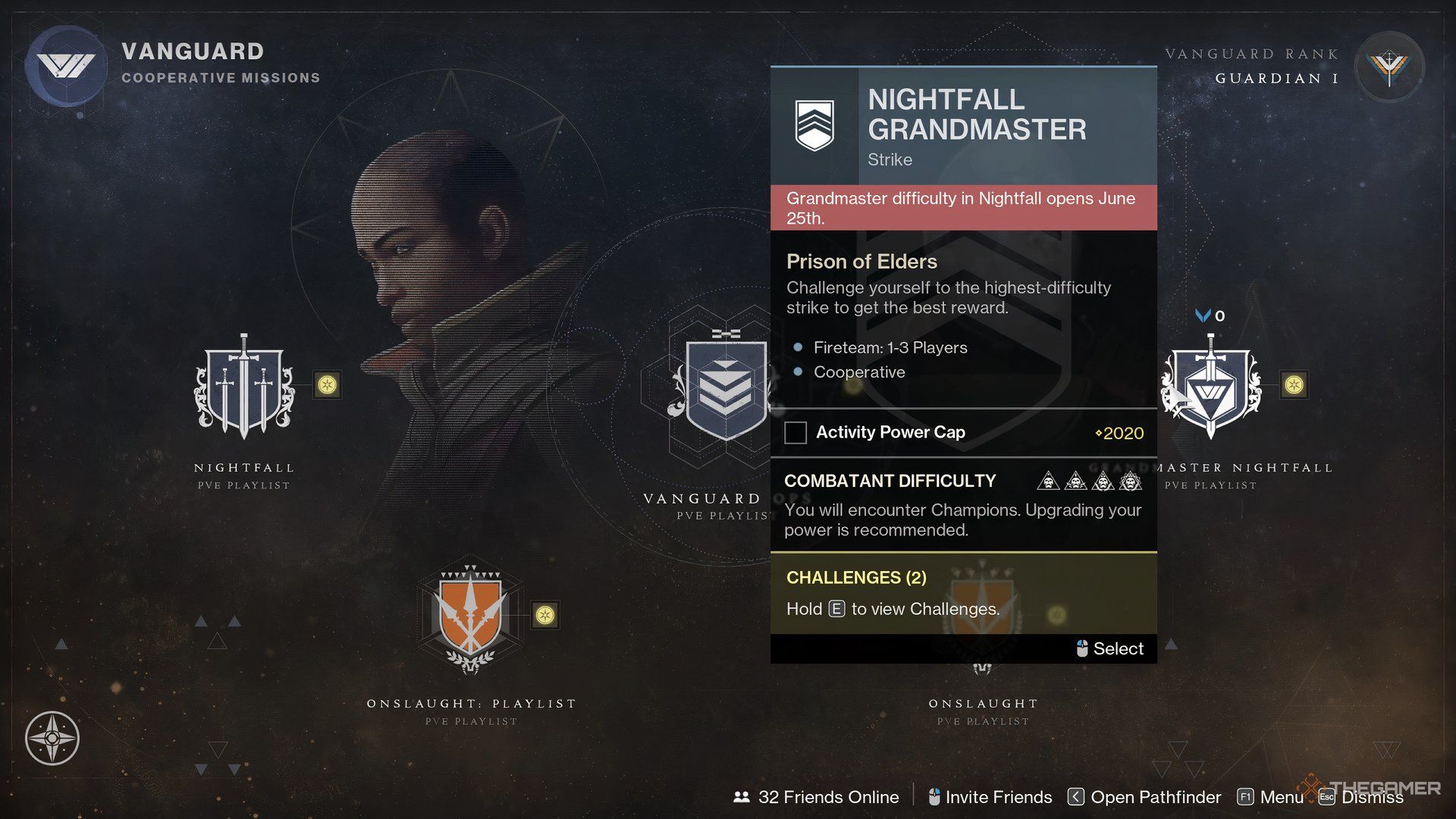 Un ejemplo de Grandmaster Nightfall y el límite de potencia de actividad establecido.